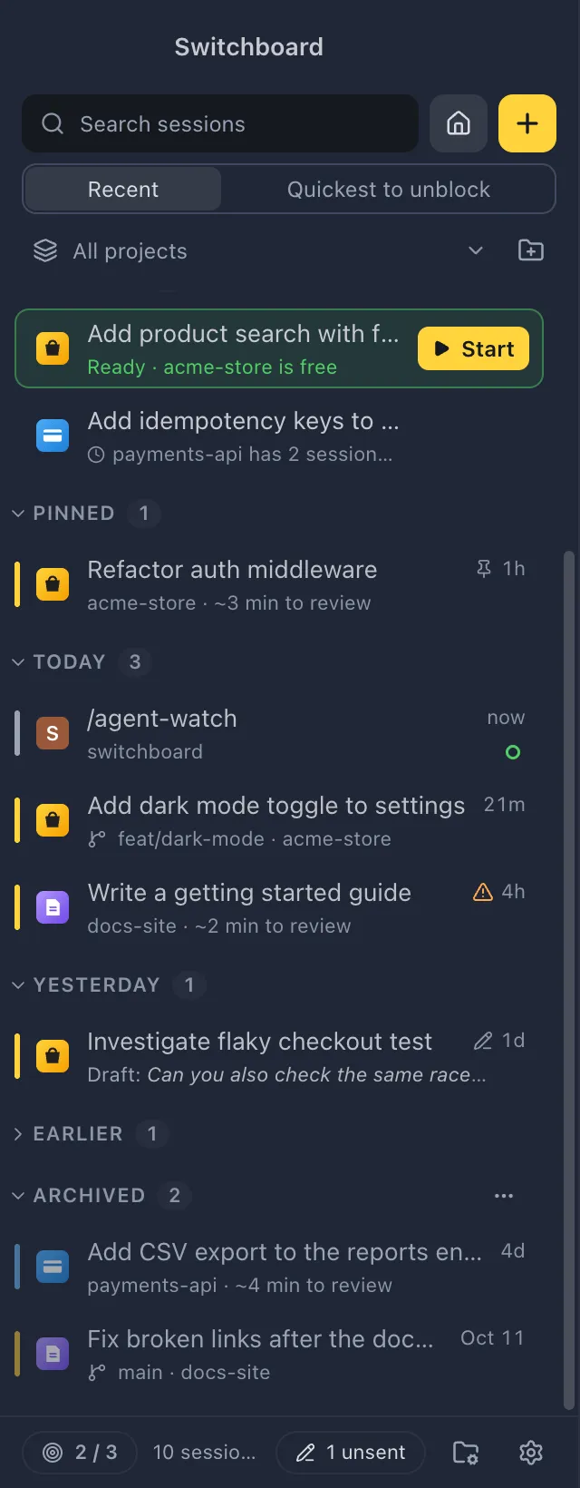 The sidebar with the Archived section opened under the other sessions, its sessions slightly faded