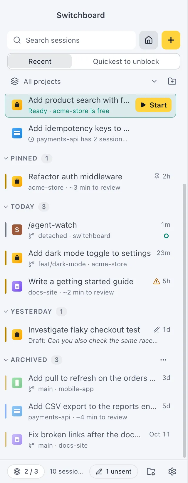 The sidebar with the Archived section opened under the other sessions, its sessions slightly faded