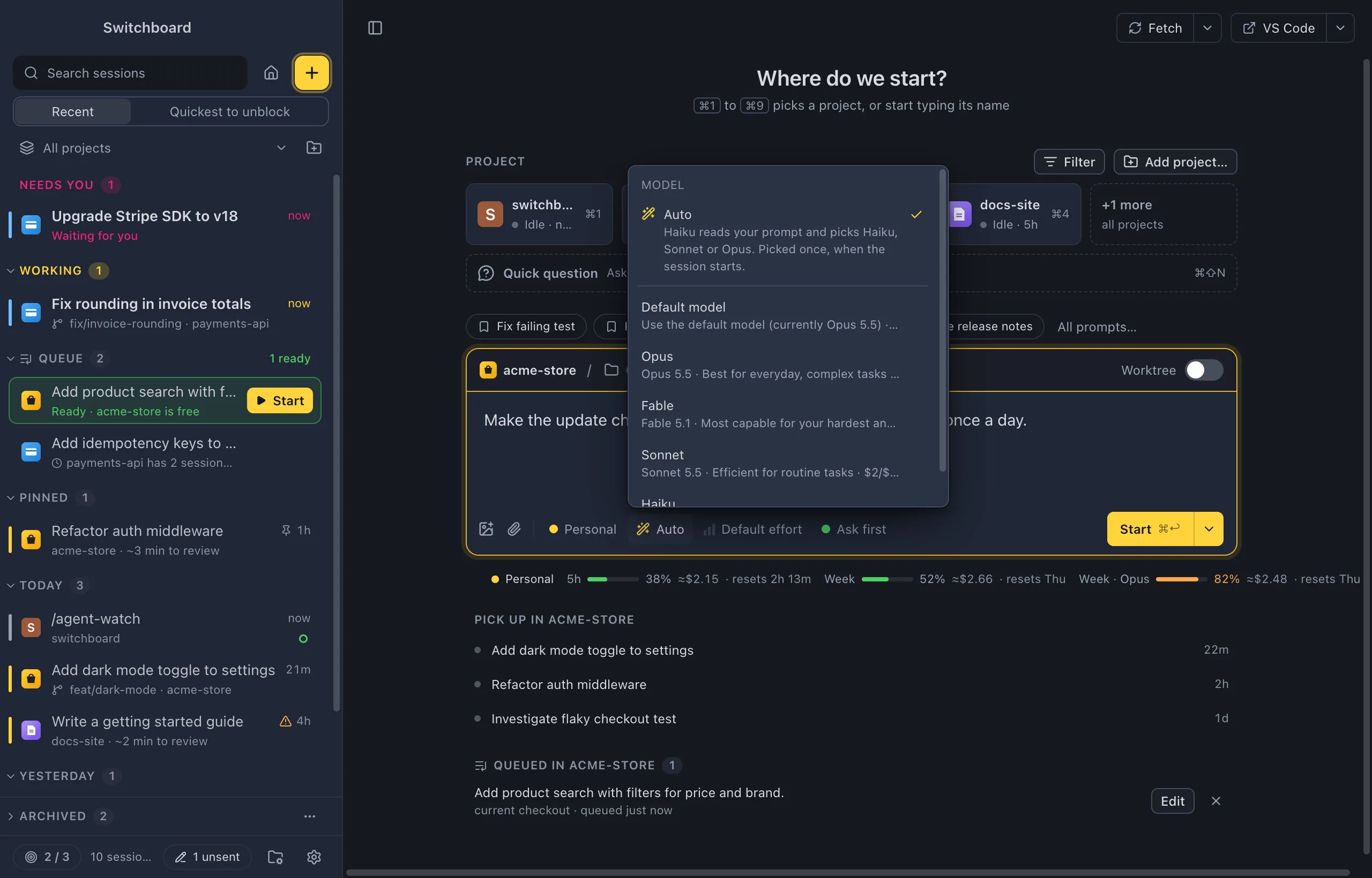 New session with the model menu open: Auto first, with a wand and the line 'Haiku reads your prompt and picks Haiku, Sonnet or Opus. Picked once, when the session starts.', then a line, Default model and the models
