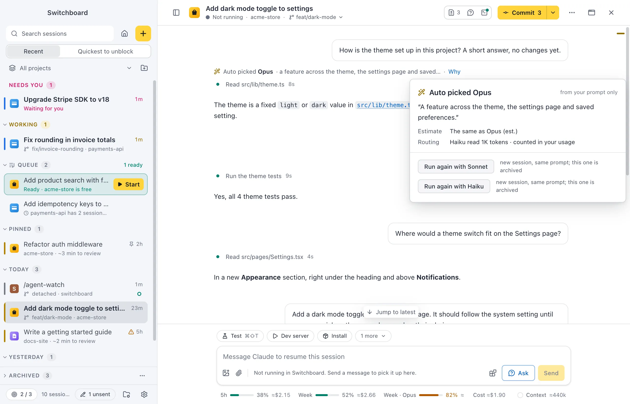 A session with the line 'Auto picked Opus' above Claude's first answer, and the popover from Why: the reason in quotes, an estimate against Opus, the Haiku tokens it used, and Run again with Sonnet and with Haiku