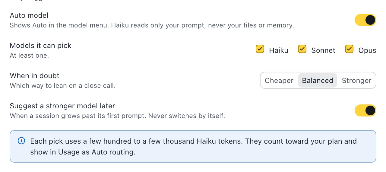Settings, Conversation: the Auto model switch, Models it can pick with Haiku, Sonnet and Opus checked, When in doubt set to Balanced, Suggest a stronger model later, and a note about the Haiku tokens each pick uses