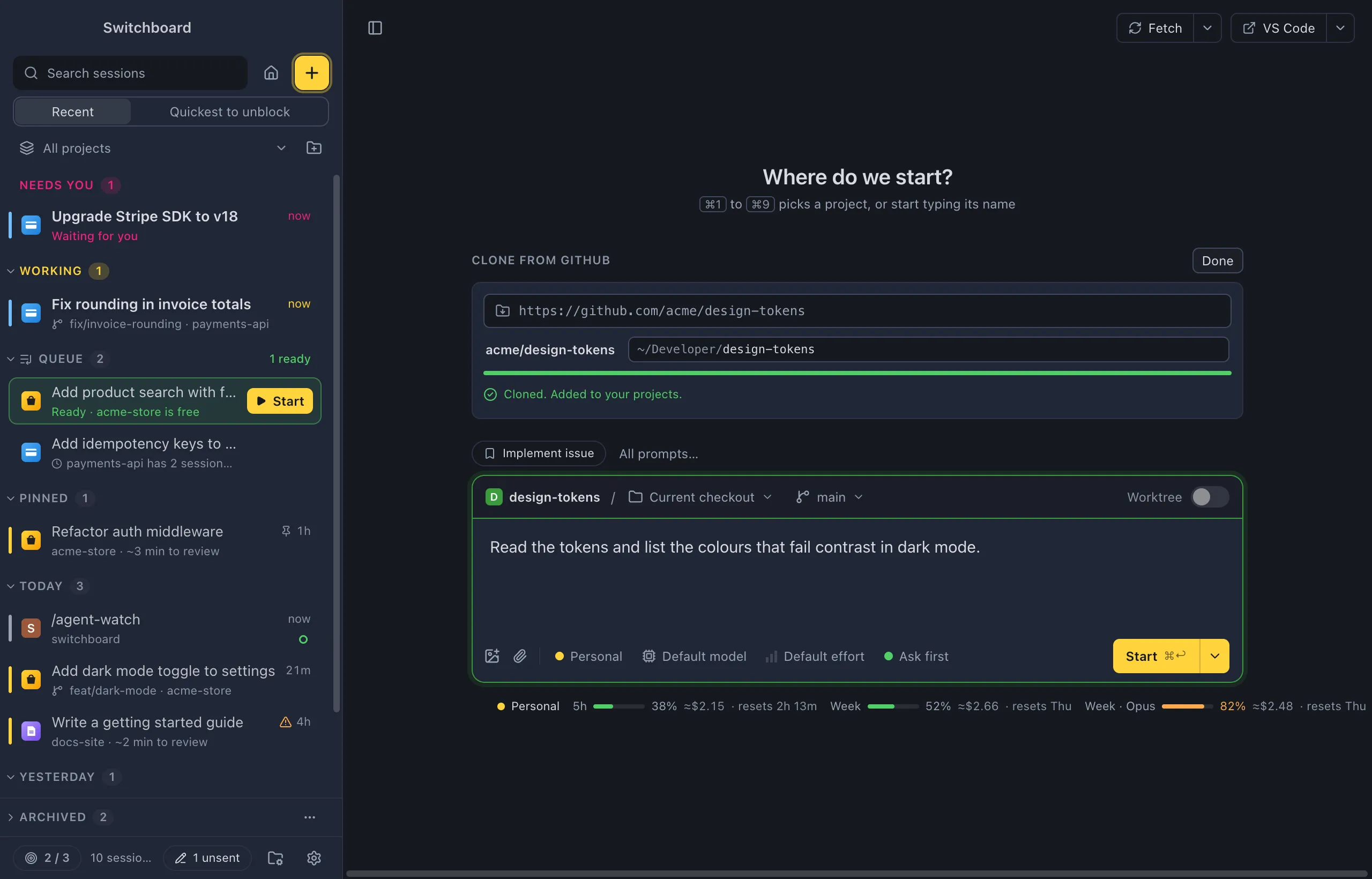 New session with the Clone from GitHub form: the URL of a repository, the folder it goes in under ~/Developer, the finished clone added to your projects, and a prompt in the message box under it