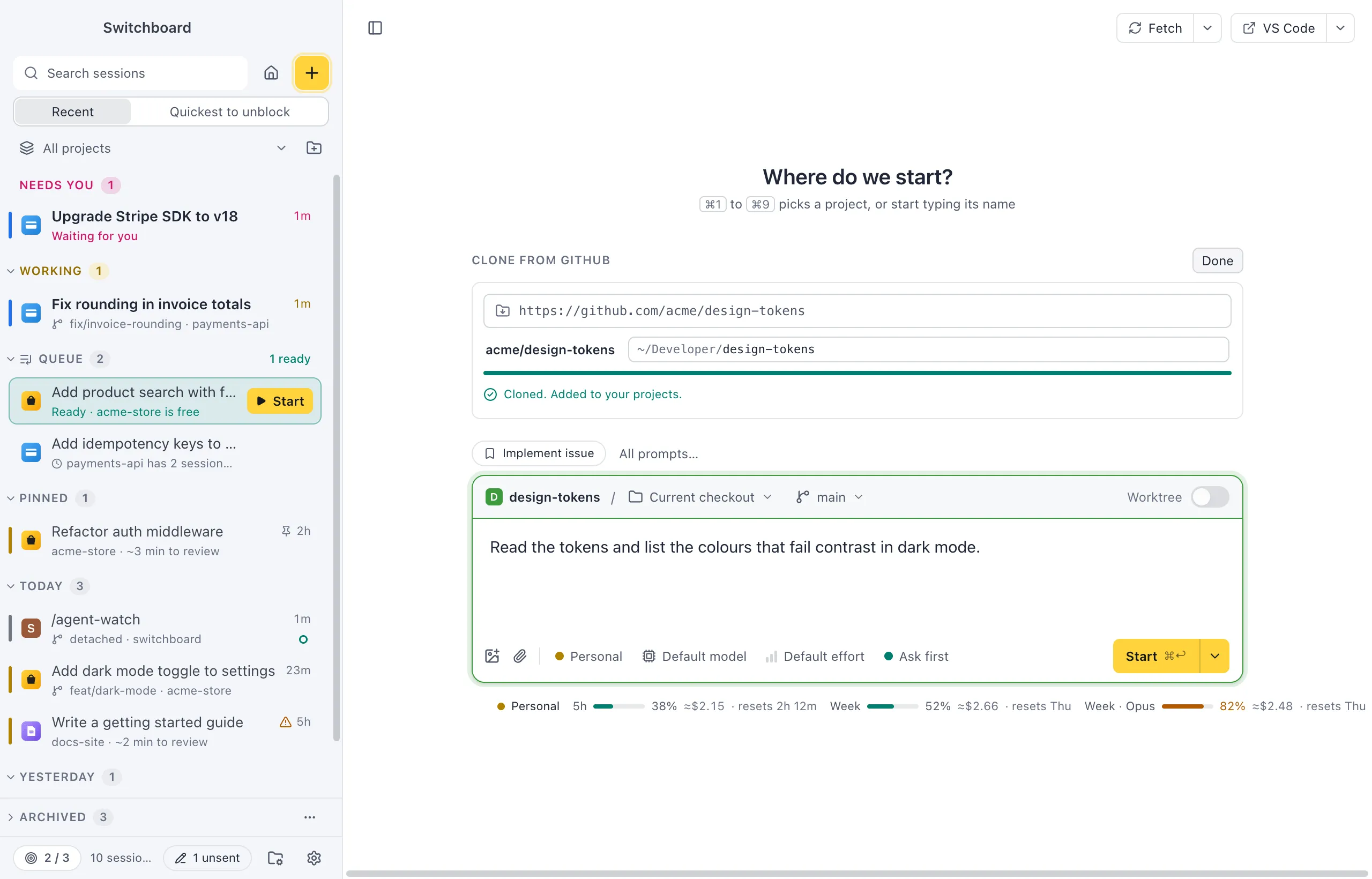 New session with the Clone from GitHub form: the URL of a repository, the folder it goes in under ~/Developer, the finished clone added to your projects, and a prompt in the message box under it