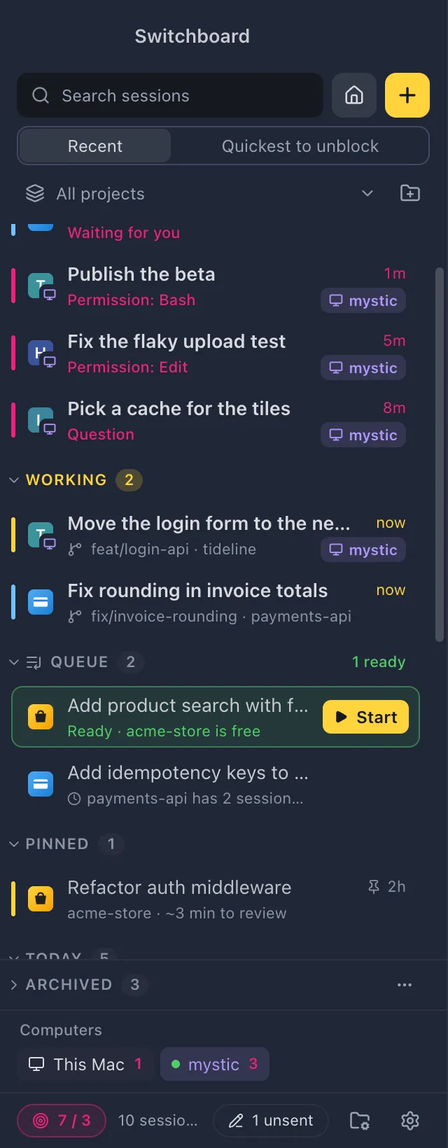 The sidebar with sessions from This Mac and from mystic in the same groups, each remote one with a monitor badge on its icon and a mystic chip, and the Computers strip at the bottom with counts of what needs you