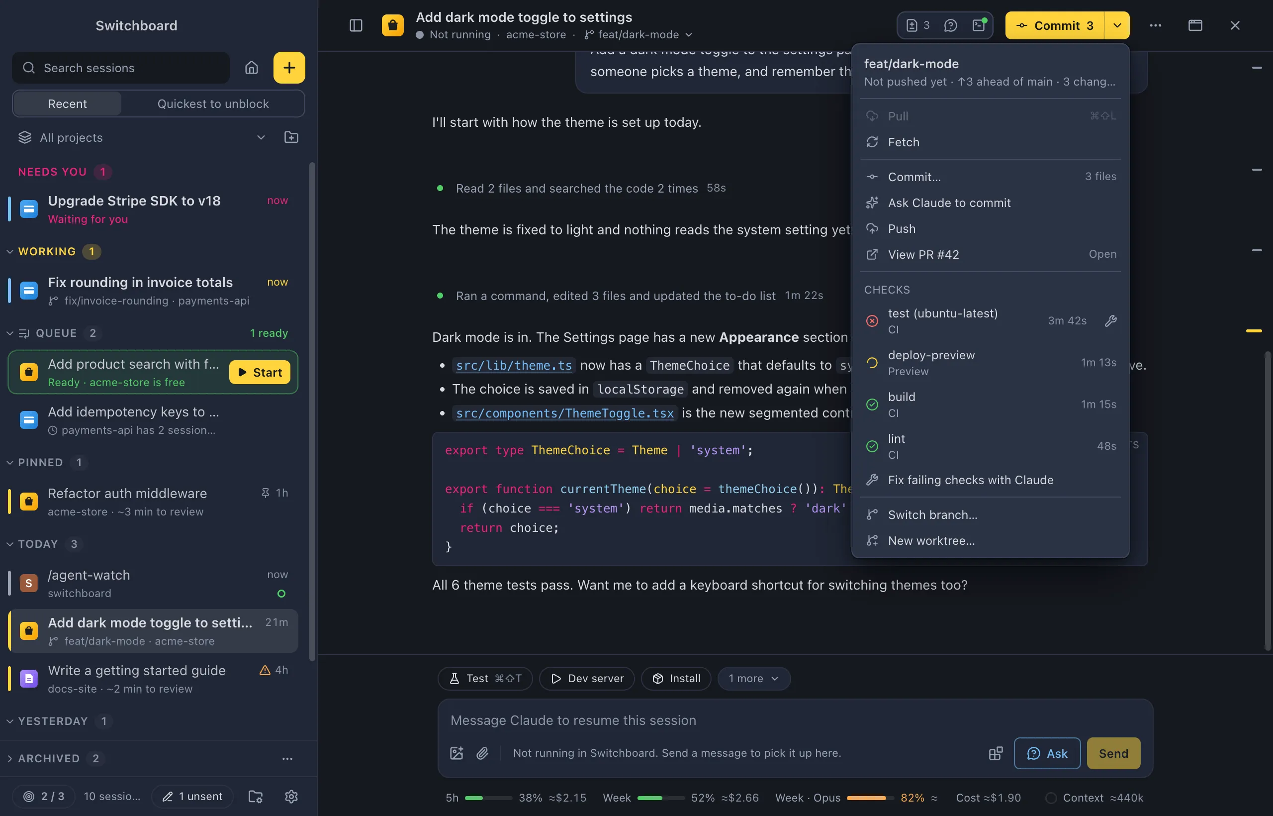 A session with the git button showing the pull request's checks, one failing, and Fix failing checks with Claude
