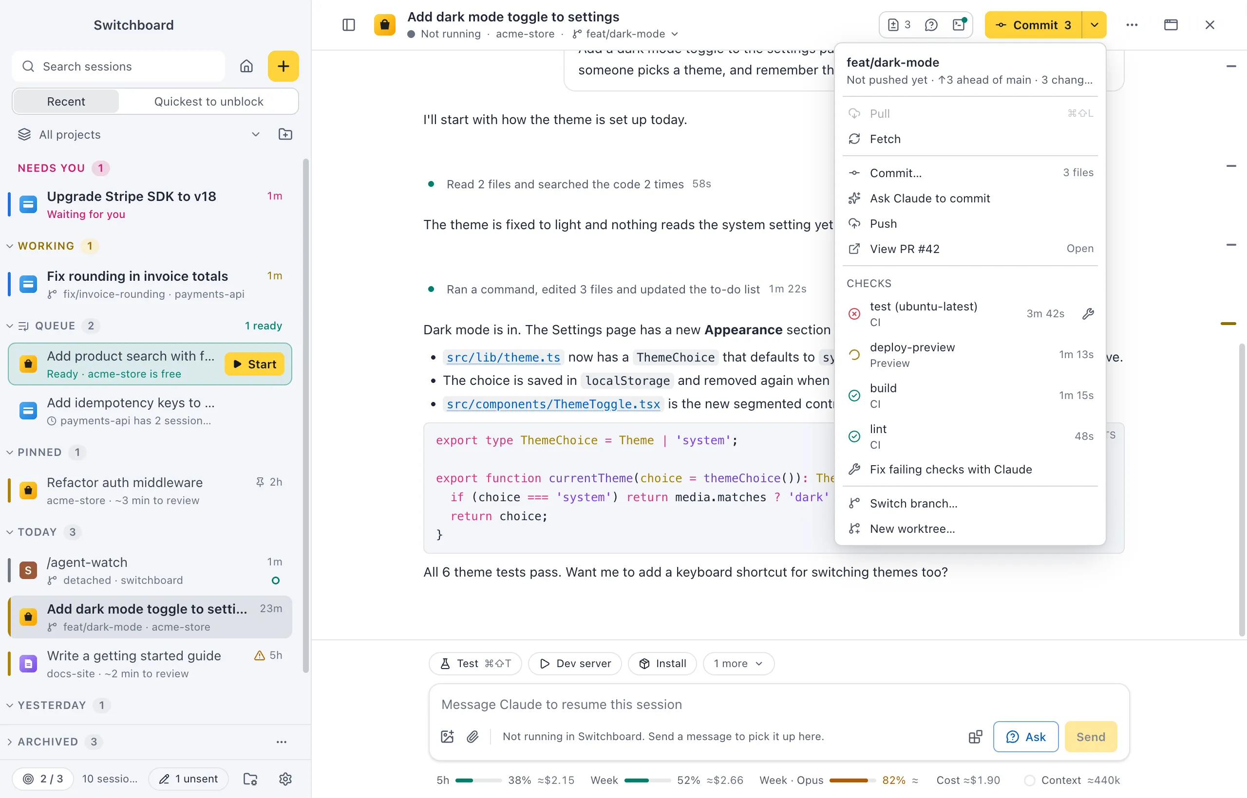 A session with the git button showing the pull request's checks, one failing, and Fix failing checks with Claude
