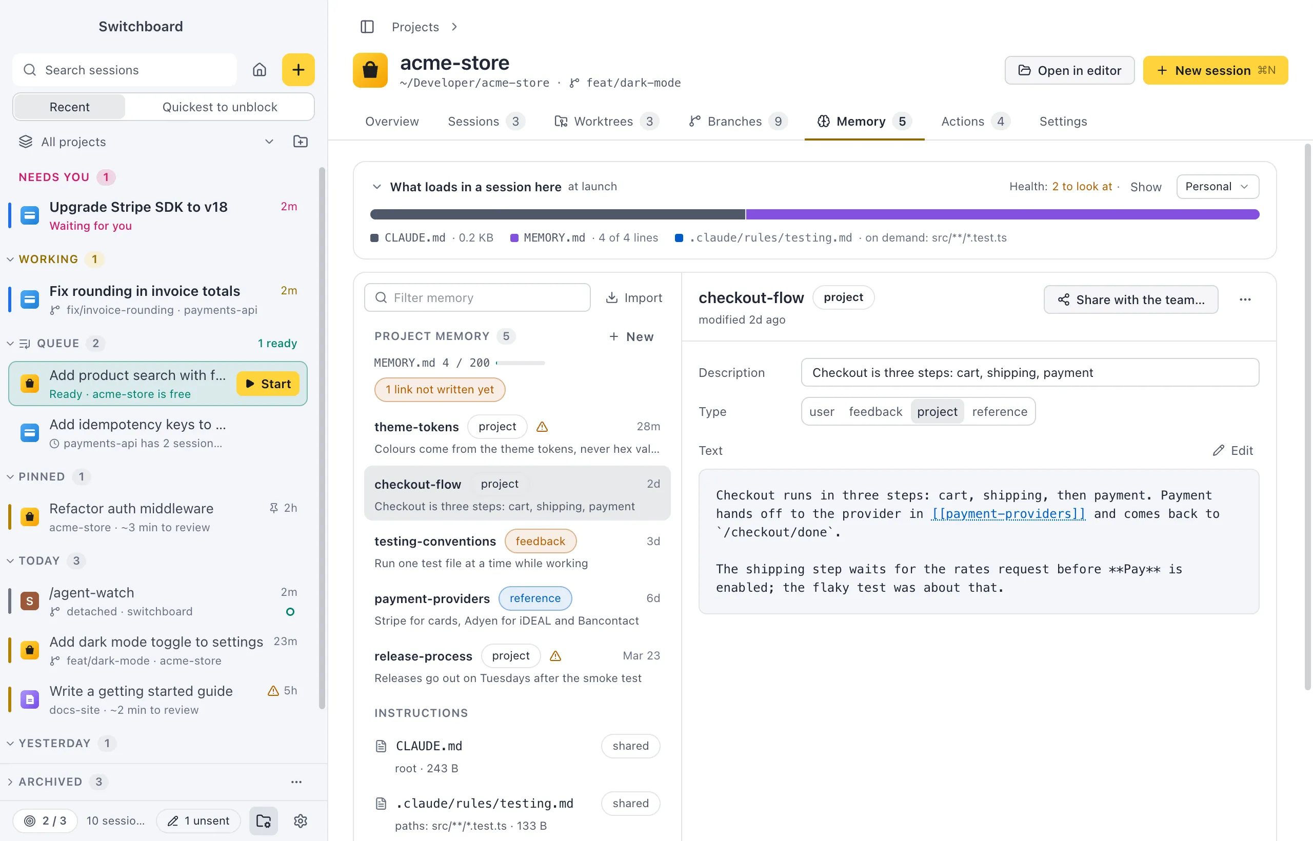 A memory open in the editor: its name and type at the top with Written in and the session's title, the Description field, the Type control, the text with a [[link]], and Linked from and Not written yet under it