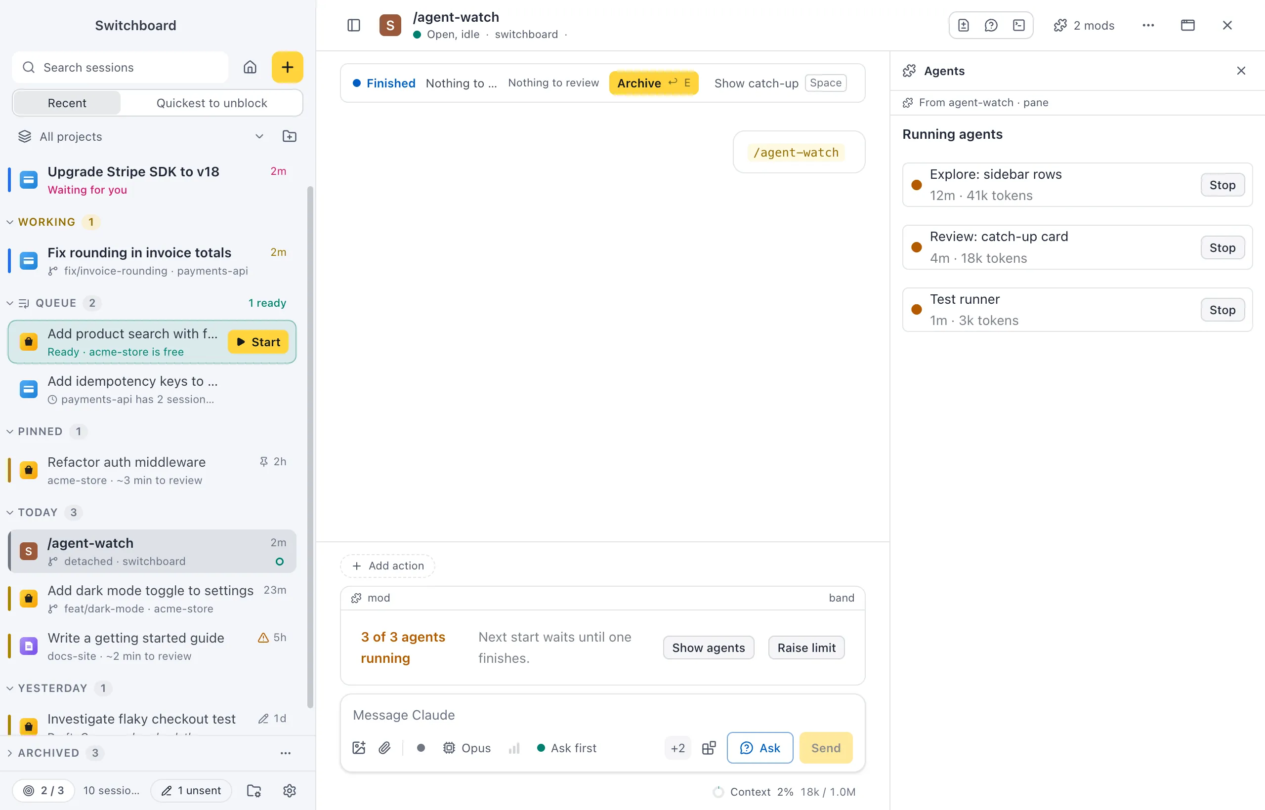 A session with two mods. Above the message box, a band from agent-watch says 3 of 3 agents running, with Show agents and Raise limit. On the right, the Agents pane from agent-watch lists three running agents, each with Stop. The header shows 2 mods