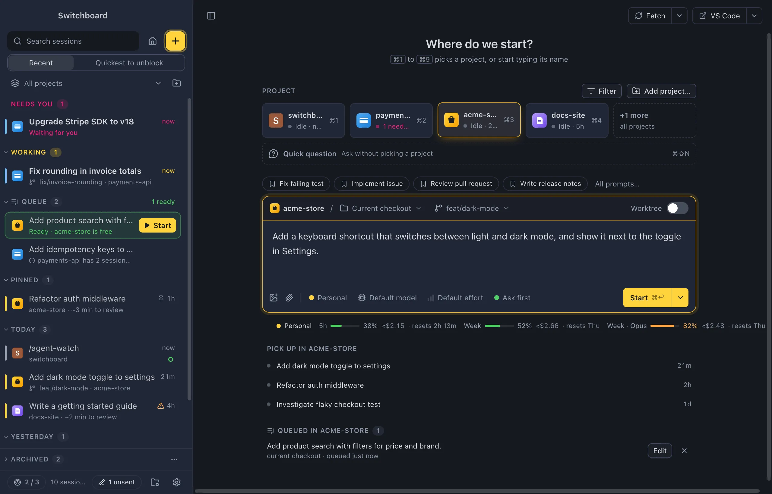 The New session view: the heading Where do we start?, four project tiles with one picked, and the message box below with a typed prompt, the route strip above it and the profile, model, effort and mode chips under it