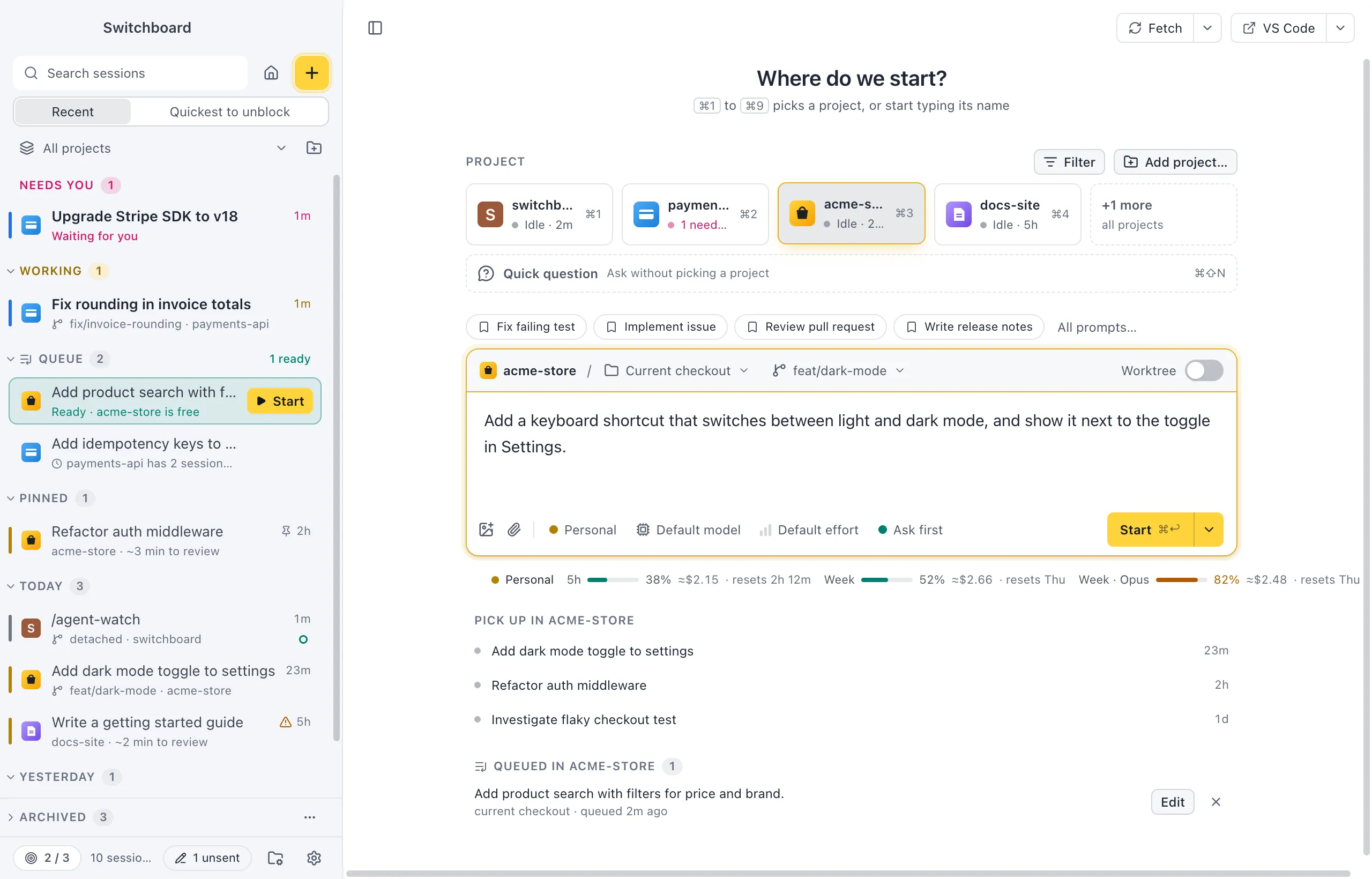 The New session view: the heading Where do we start?, four project tiles with one picked, and the message box below with a typed prompt, the route strip above it and the profile, model, effort and mode chips under it