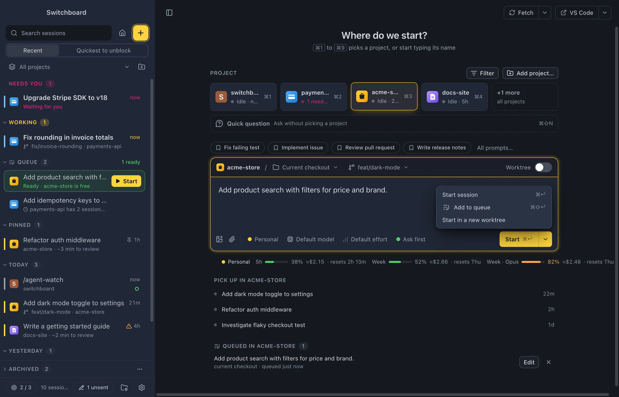 New session with New worktree chosen as the route: the strip shows the project, New worktree and the branch it starts from, and the menu shows the worktree's name field