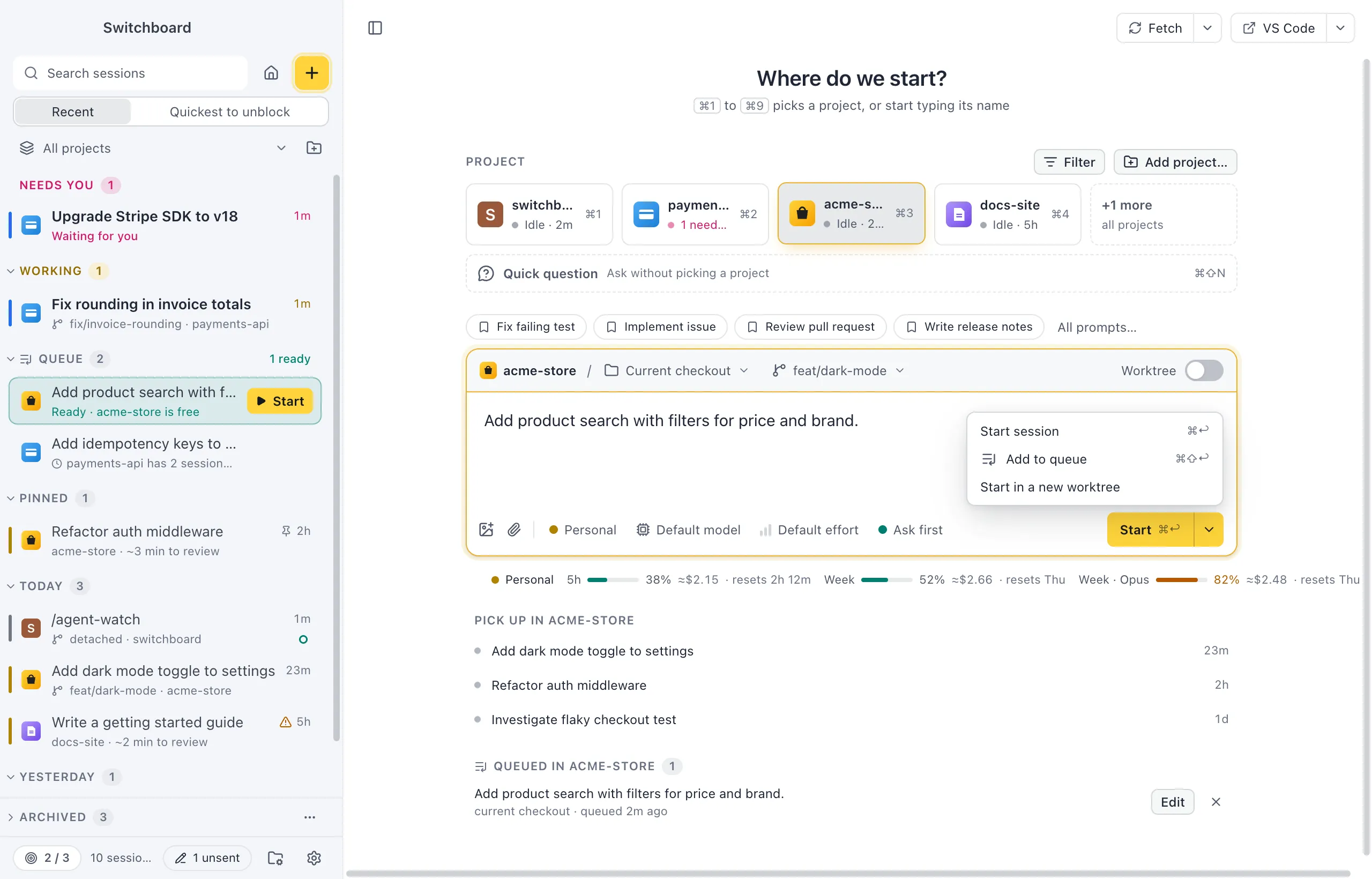 New session with New worktree chosen as the route: the strip shows the project, New worktree and the branch it starts from, and the menu shows the worktree's name field