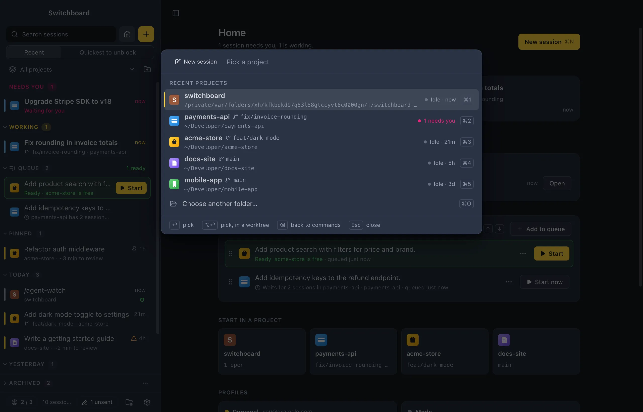 The command palette's New session step: recent projects with their branch, their status and a shortcut for each of the first four
