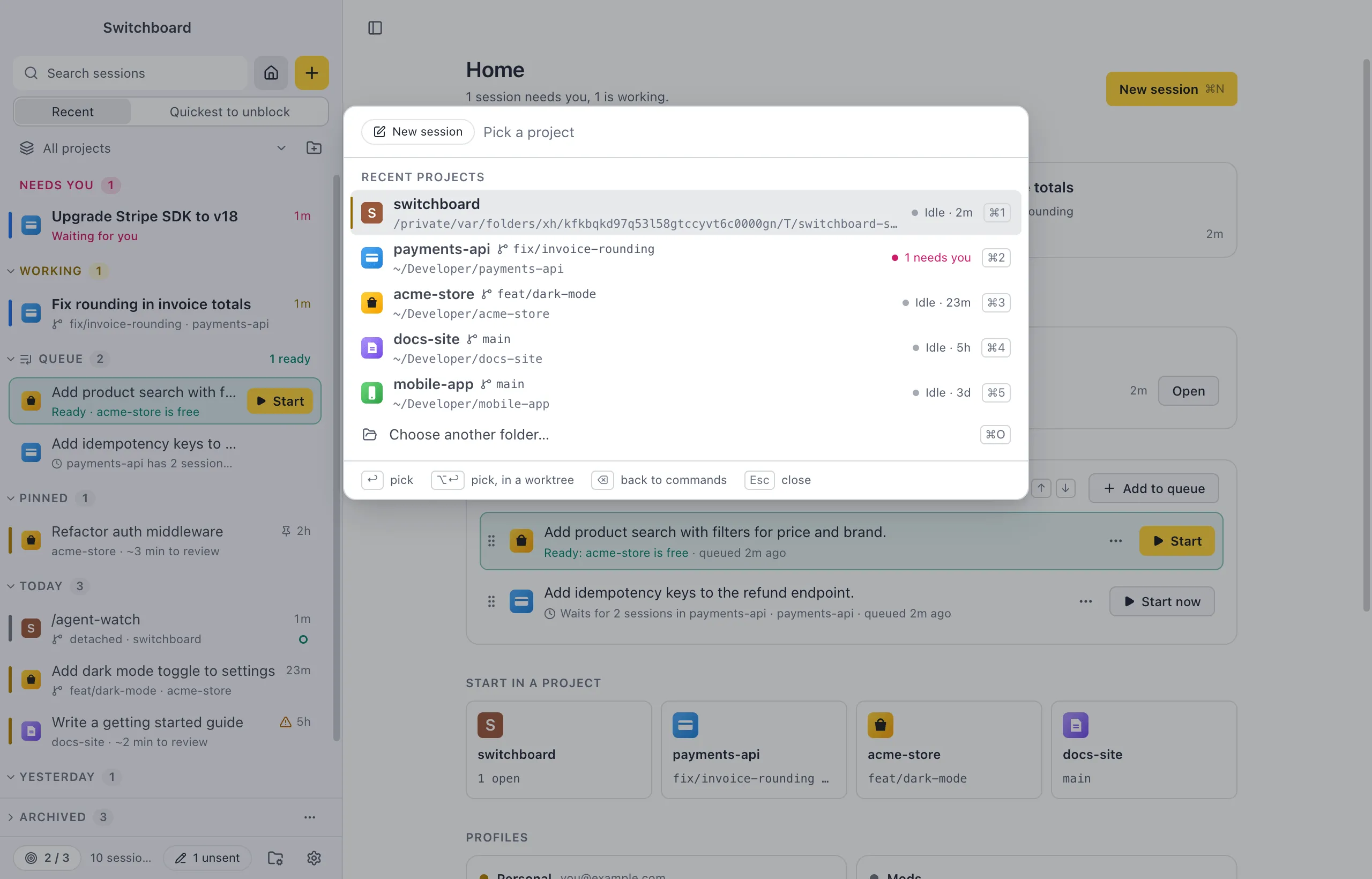 The command palette's New session step: recent projects with their branch, their status and a shortcut for each of the first four