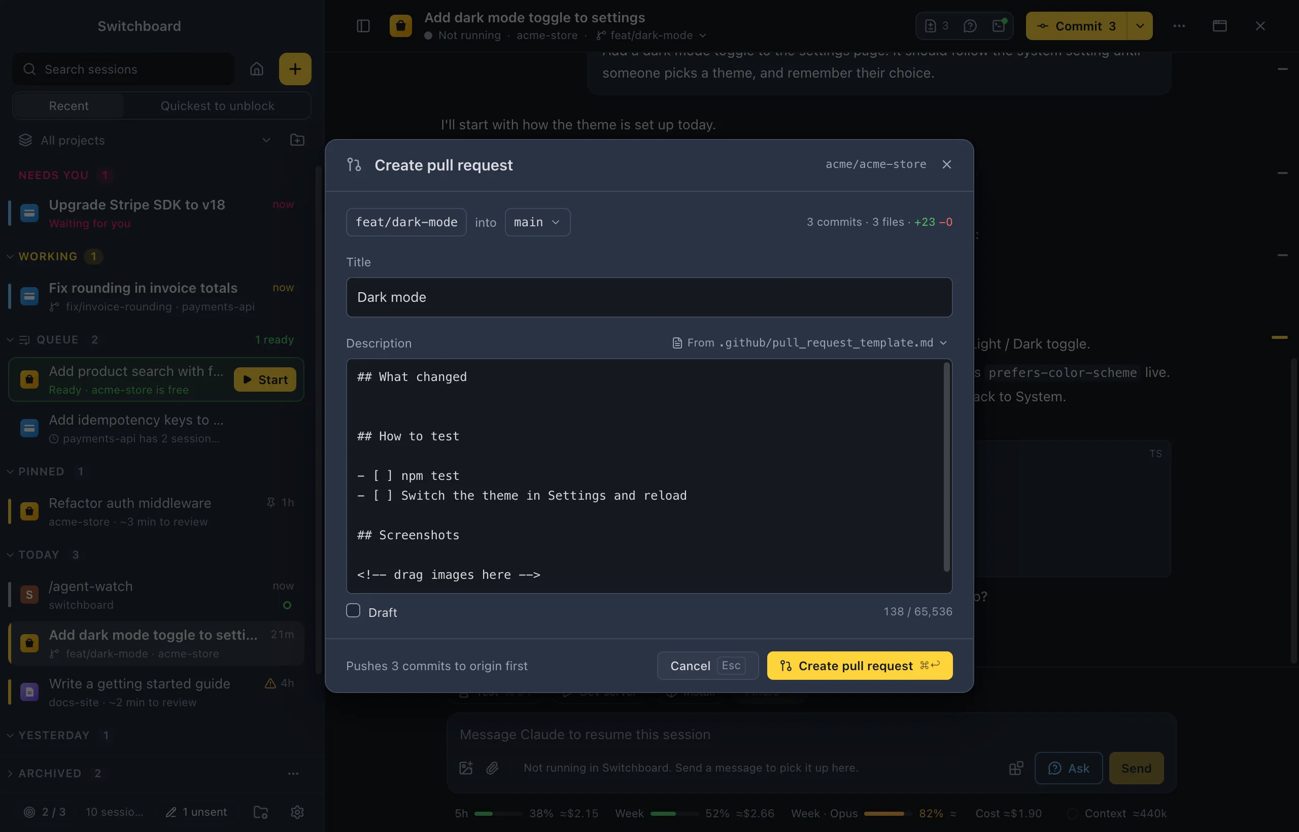 The Create pull request dialog over a session: feat/dark-mode into main with 3 commits and 3 files, the title Dark mode, the description from .github/pull_request_template.md, Draft, the counter 138 / 65,536 and Pushes 3 commits to origin first next to Cancel and Create pull request