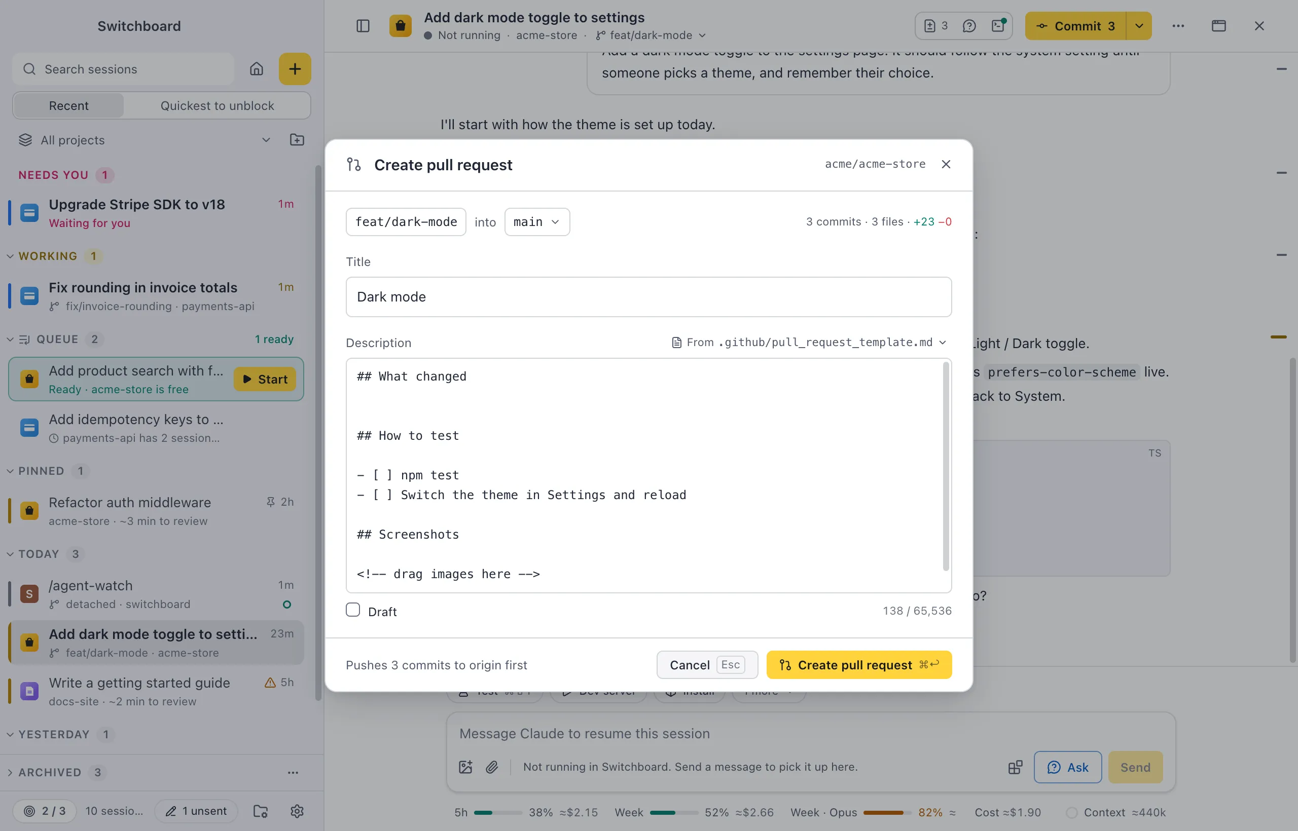 The Create pull request dialog over a session: feat/dark-mode into main with 3 commits and 3 files, the title Dark mode, the description from .github/pull_request_template.md, Draft, the counter 138 / 65,536 and Pushes 3 commits to origin first next to Cancel and Create pull request
