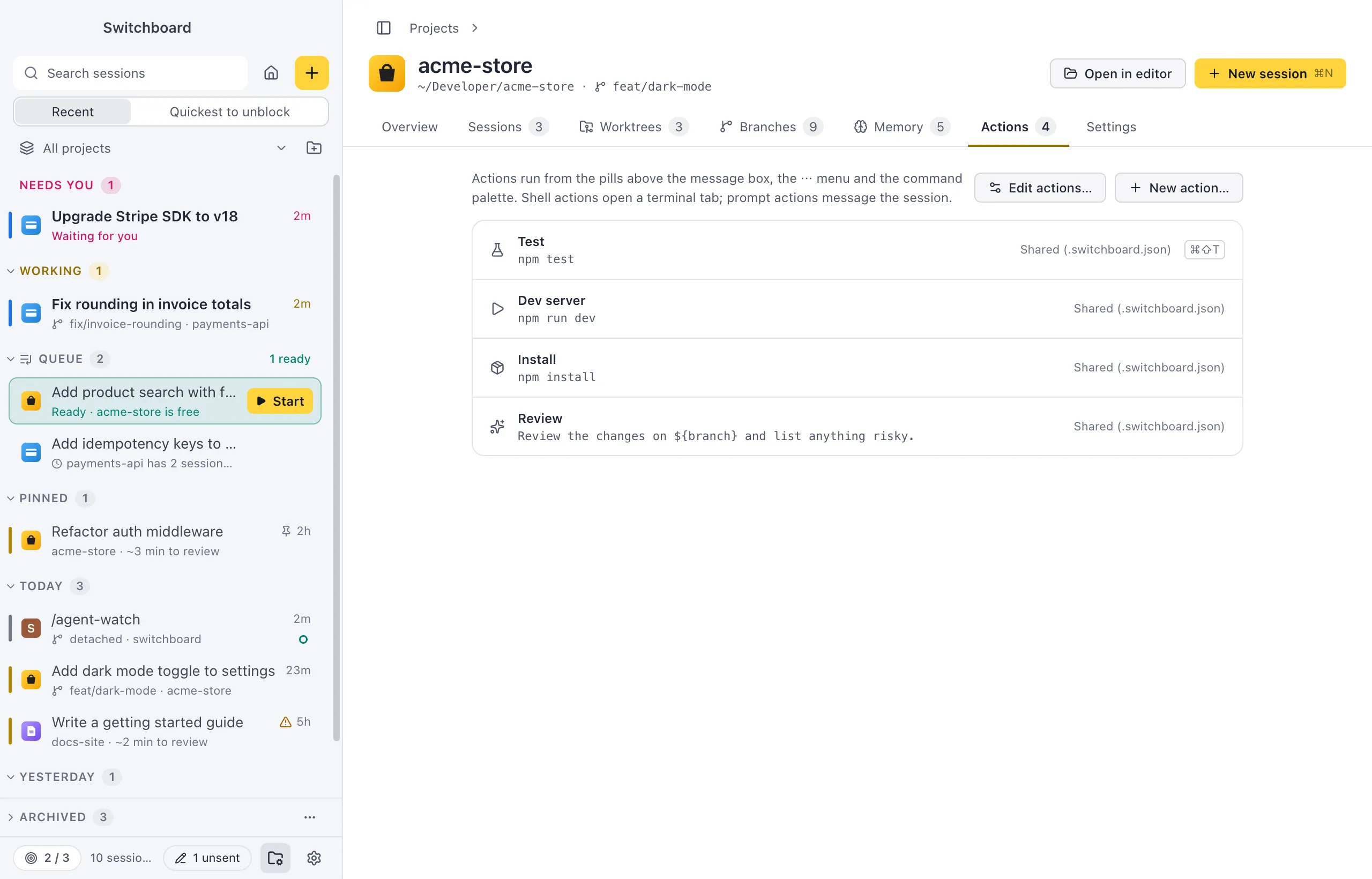 The Actions tab of acme-store: a list of actions such as Test, Dev server, Install and Review, each with its icon, command, where it is saved and its shortcut, with Edit actions and New action buttons