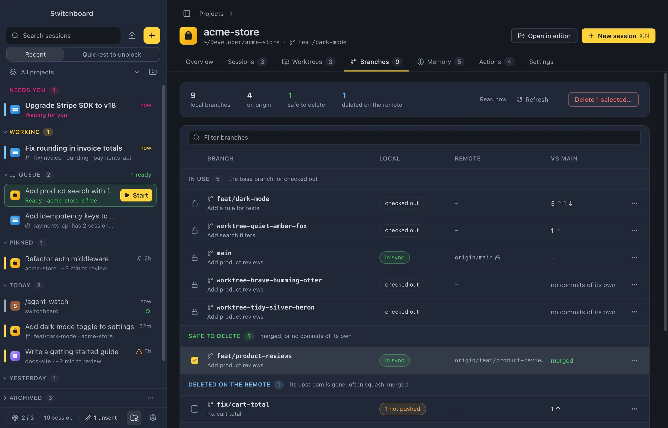 The Branches tab of acme-store: a summary strip with local branches, branches on origin, safe to delete and deleted on the remote, then a filter field and a table grouped into In use, Safe to delete, Deleted on the remote and Active