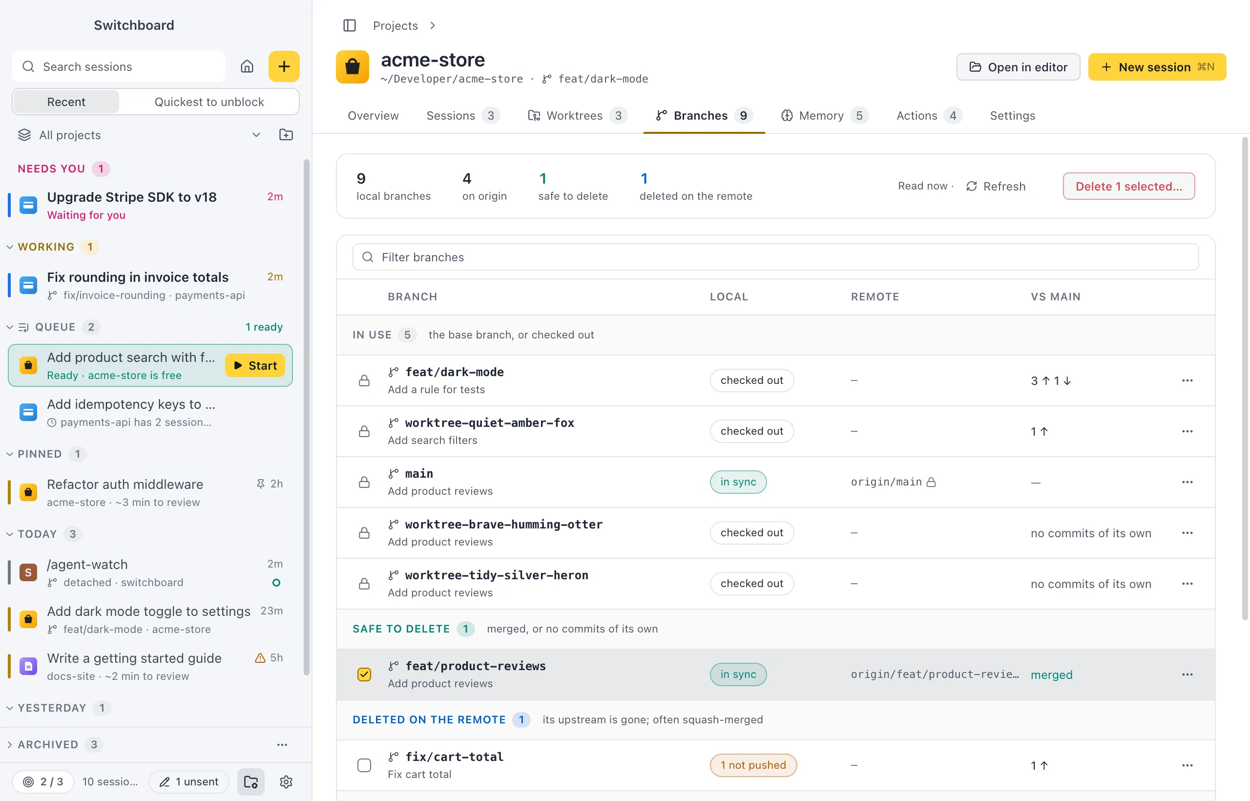 The Branches tab of acme-store: a summary strip with local branches, branches on origin, safe to delete and deleted on the remote, then a filter field and a table grouped into In use, Safe to delete, Deleted on the remote and Active