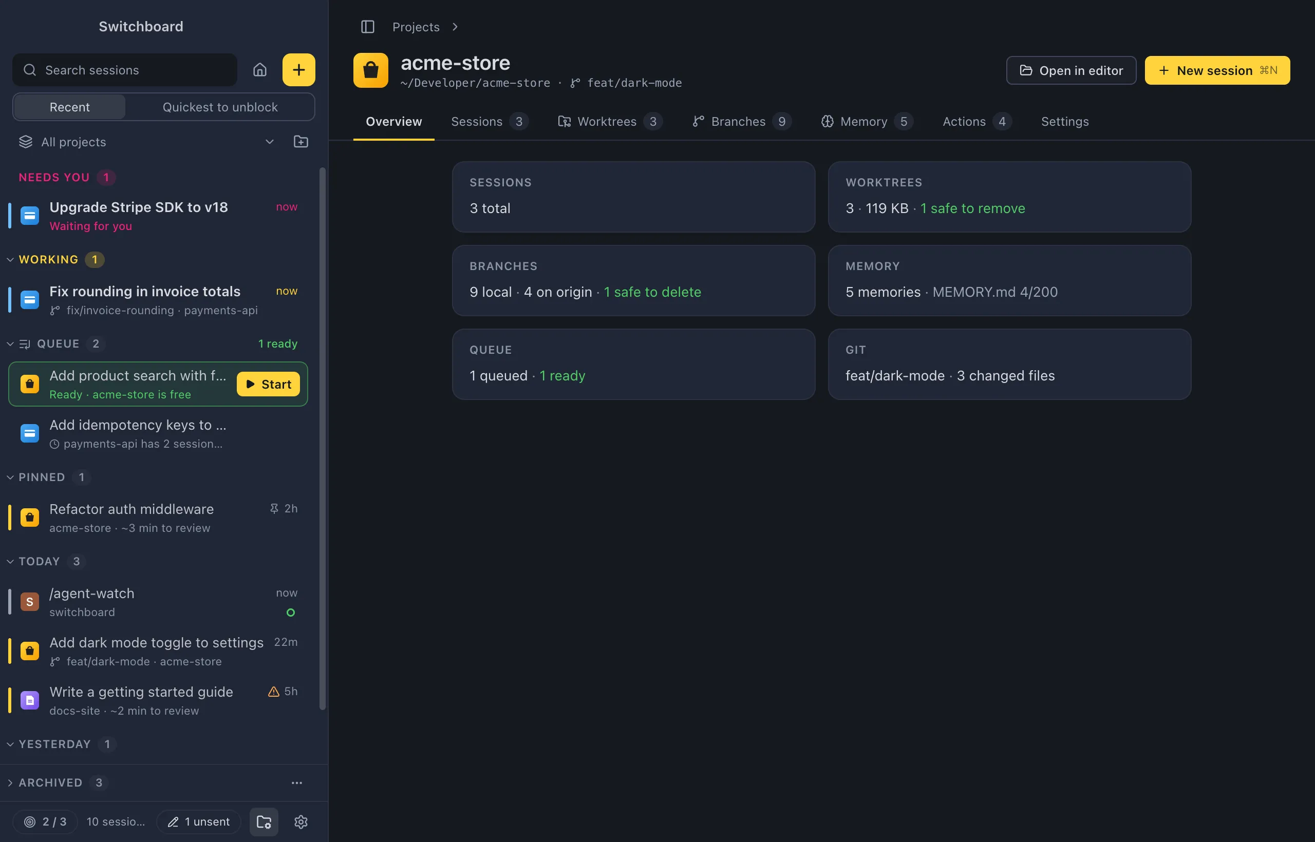 A project page for acme-store: the breadcrumb, the project's icon and name, its folder, branch and upstream, Open in editor and New session buttons, and the tabs Overview, Sessions, Worktrees, Branches, Memory, Actions and Settings