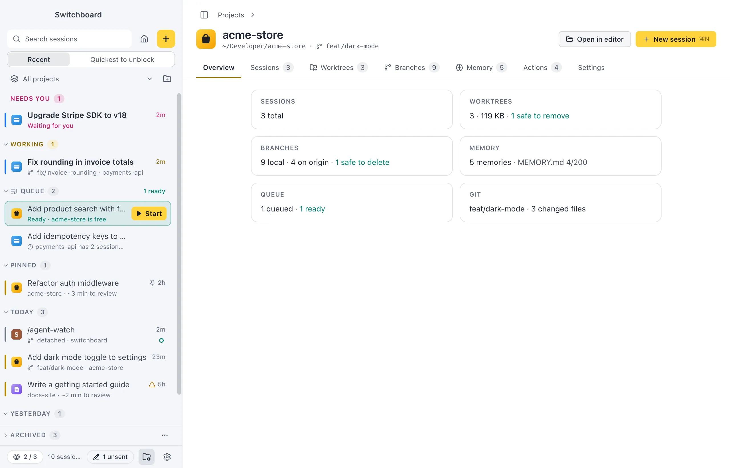 A project page for acme-store: the breadcrumb, the project's icon and name, its folder, branch and upstream, Open in editor and New session buttons, and the tabs Overview, Sessions, Worktrees, Branches, Memory, Actions and Settings
