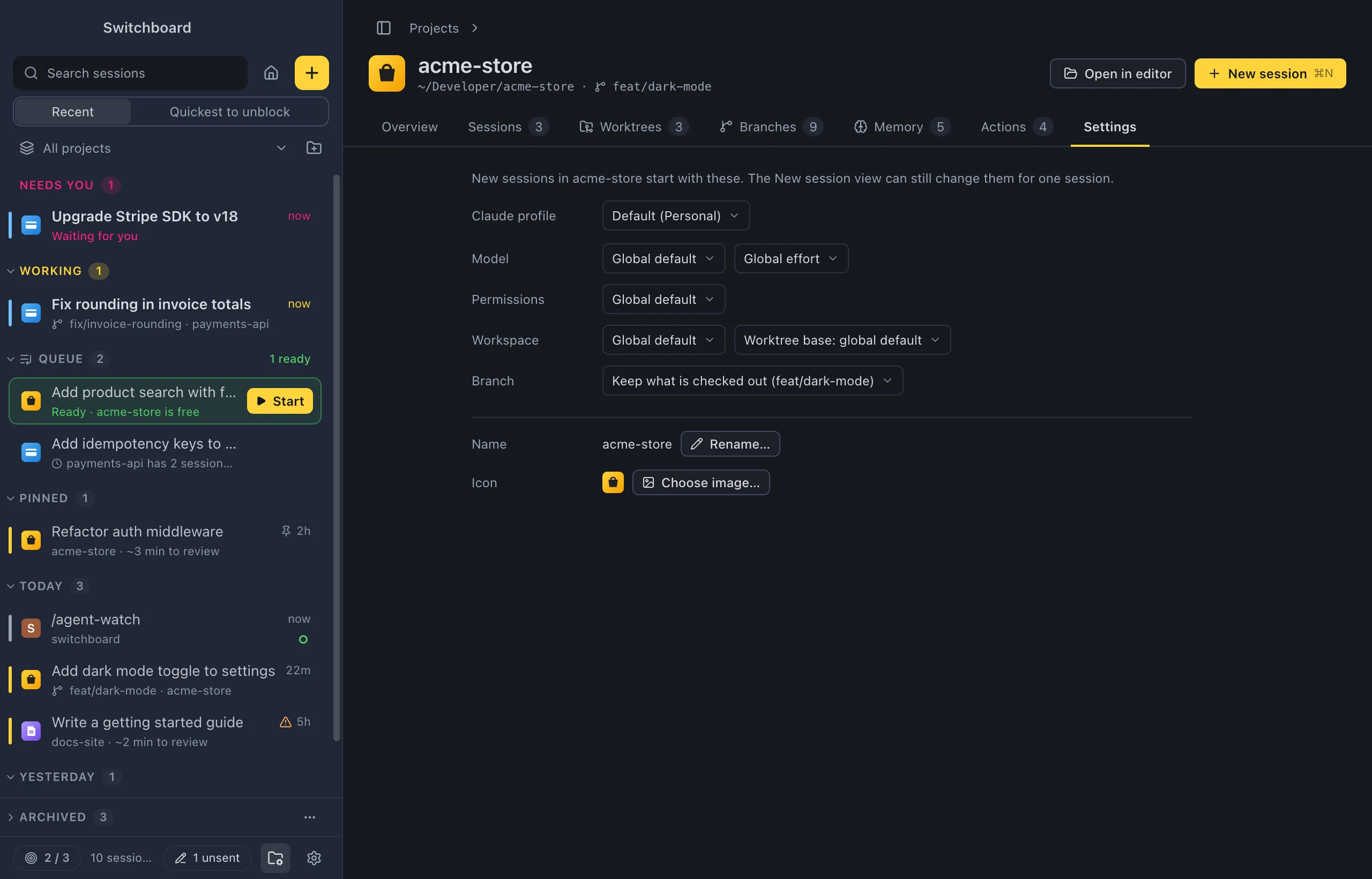 The Settings tab of acme-store: Claude profile, Model and Effort, Permissions, Workspace with the worktree base, then the project's name with Rename and its icon with Choose image