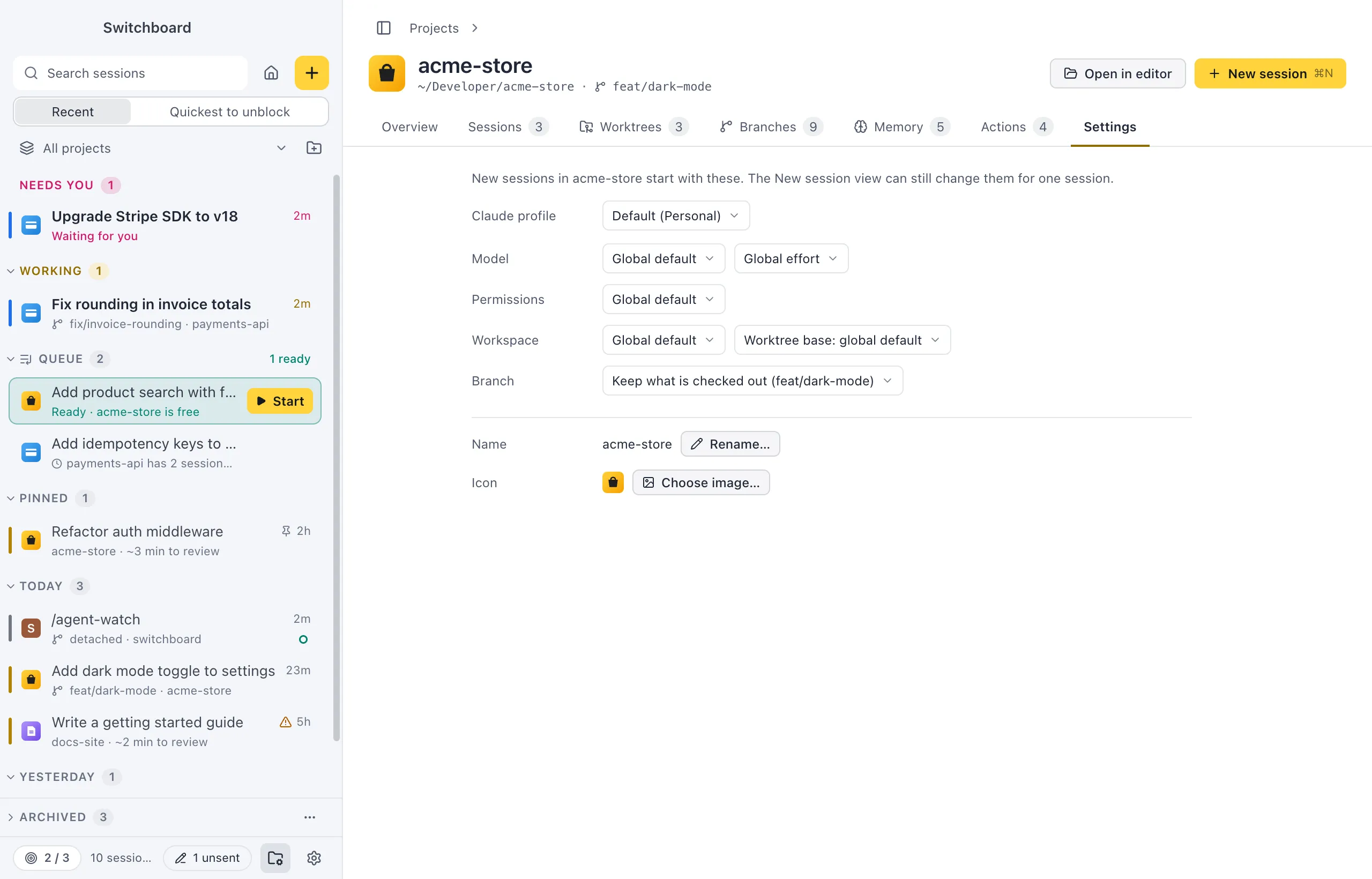The Settings tab of acme-store: Claude profile, Model and Effort, Permissions, Workspace with the worktree base, then the project's name with Rename and its icon with Choose image