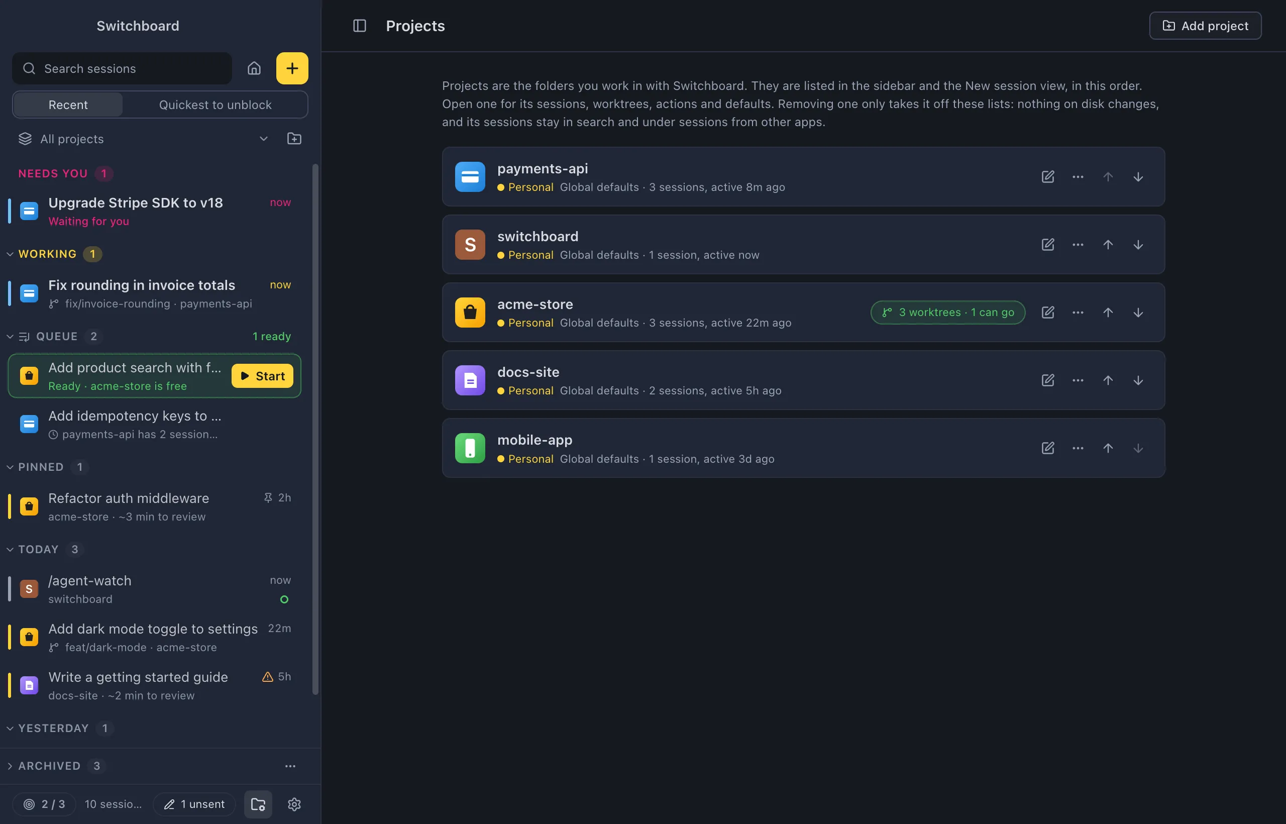 The Projects view: a list of projects, each with its icon, name, new-session defaults, session count and a worktree pill that says how many worktrees there are and how many can go