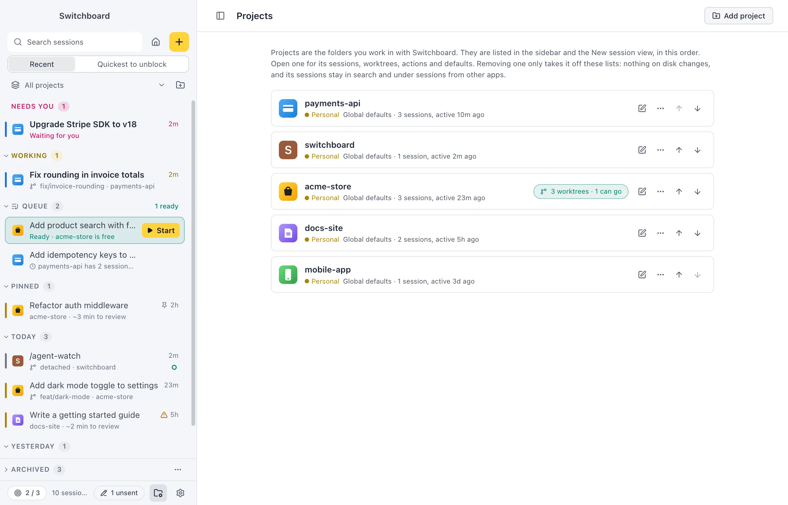 The Projects view: a list of projects, each with its icon, name, new-session defaults, session count and a worktree pill that says how many worktrees there are and how many can go
