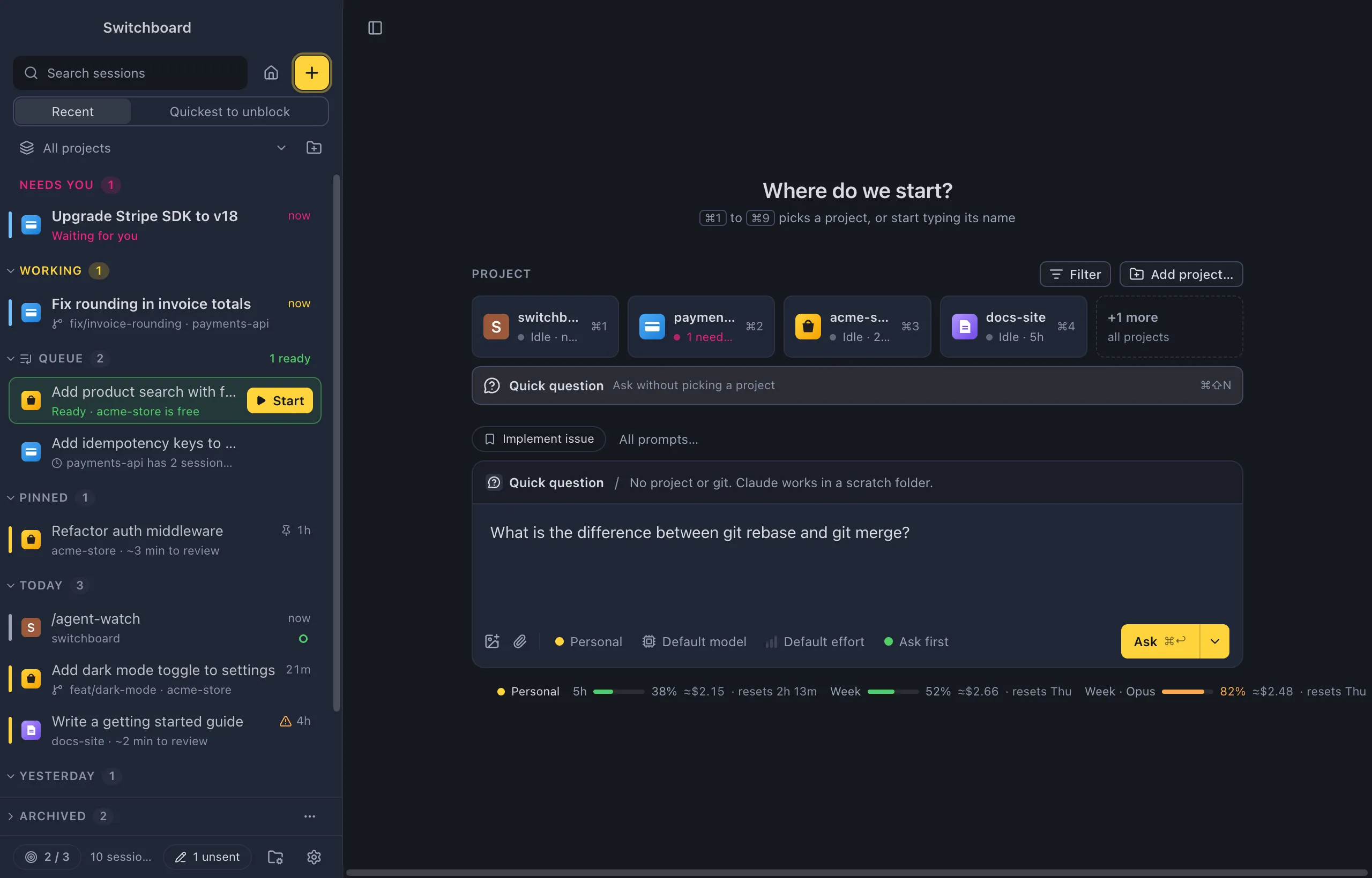 New session in Quick question mode: the strip above the message box says Quick question and No project or git. Claude works in a scratch folder, and the message box says Ask Claude anything