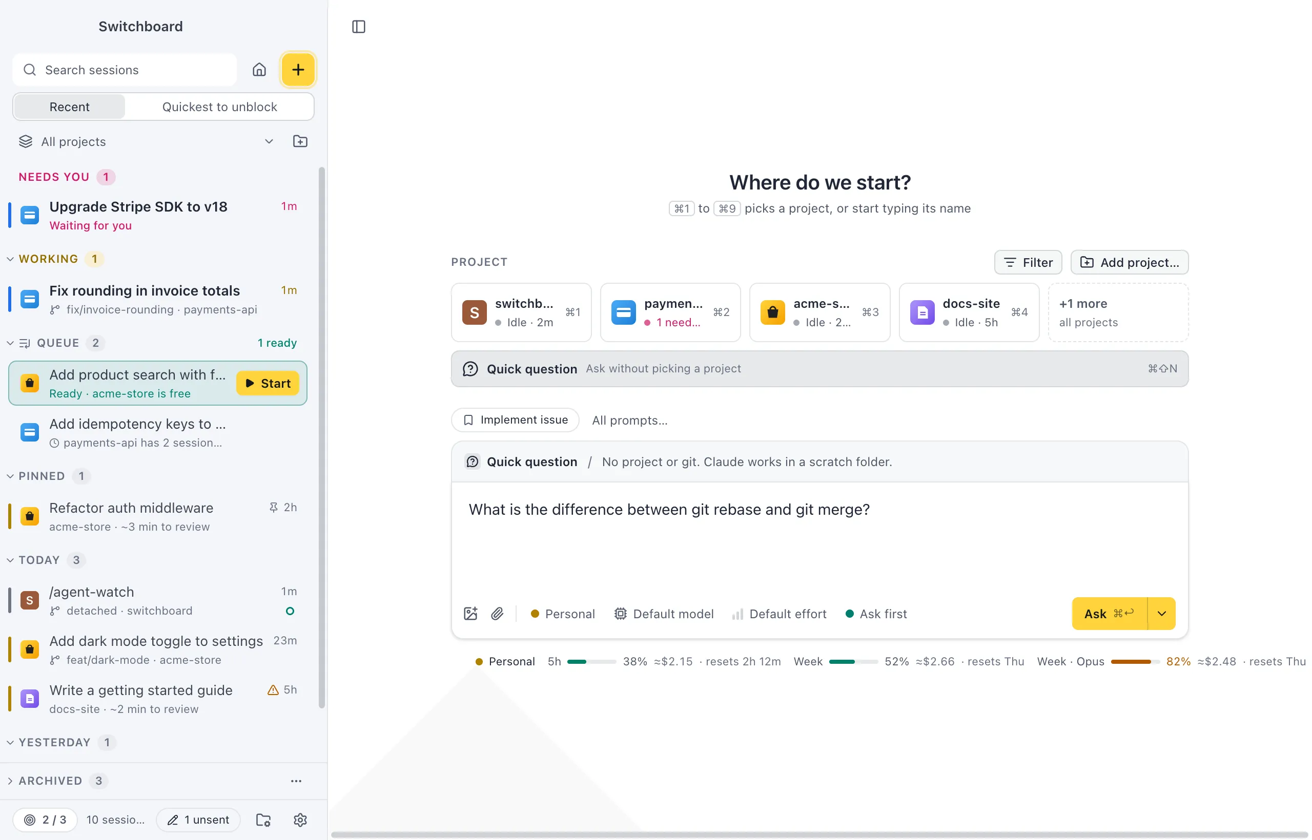 New session in Quick question mode: the strip above the message box says Quick question and No project or git. Claude works in a scratch folder, and the message box says Ask Claude anything