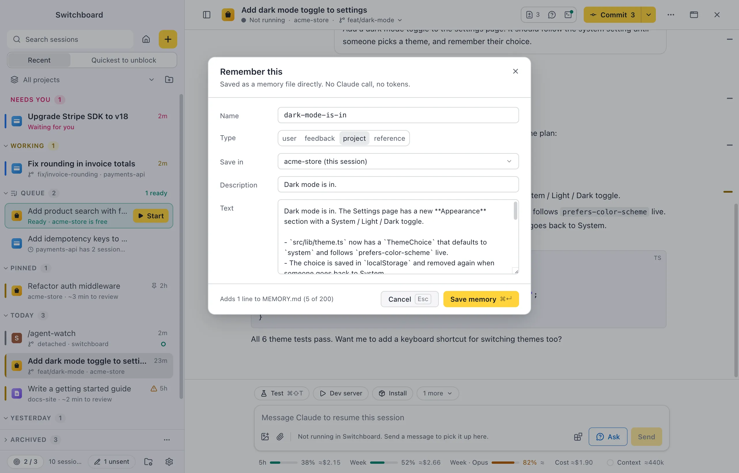 The Remember this dialog over a session: the selected text, a name, the type, Save in with this project picked, and a description