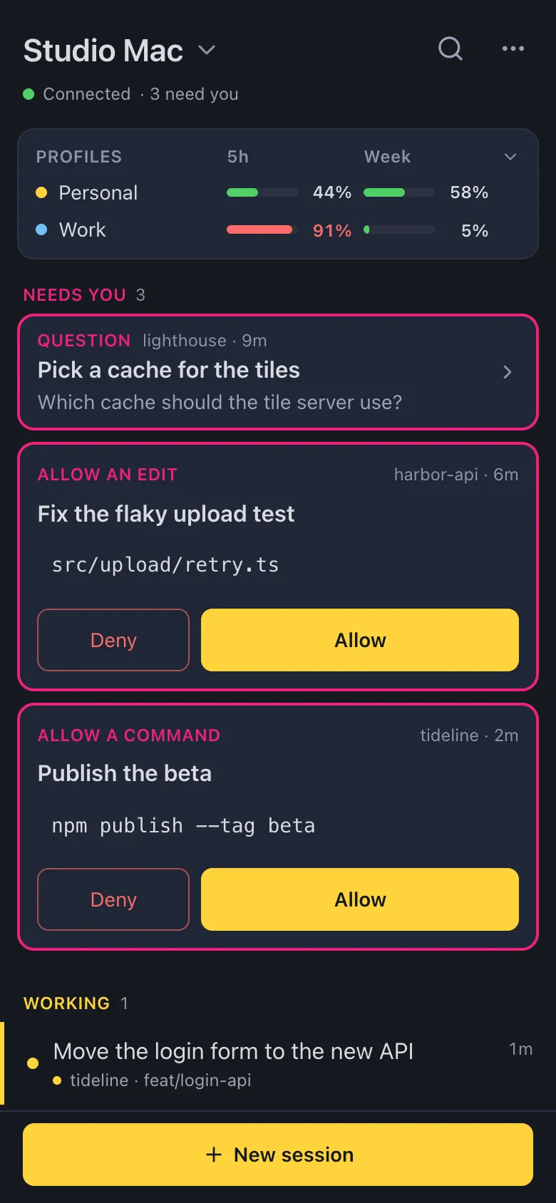 The remote app on a phone: what needs you, what is working, and the usage of every profile