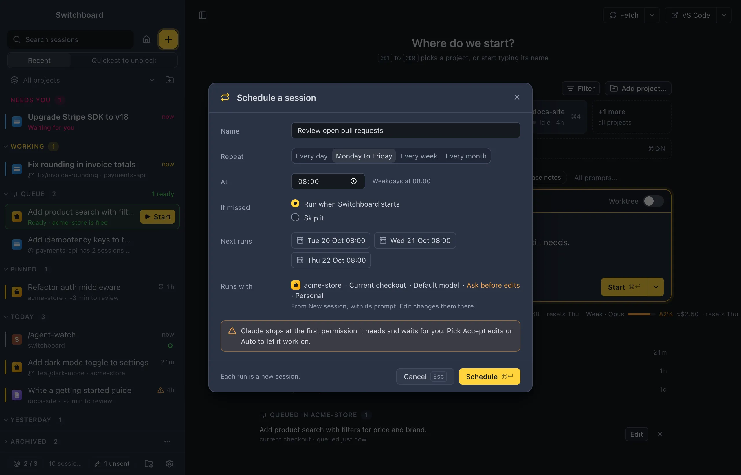 The Schedule a session dialog: a name, Monday to Friday picked under Repeat, 08:00, Run when Switchboard starts, three next runs and what each run starts with