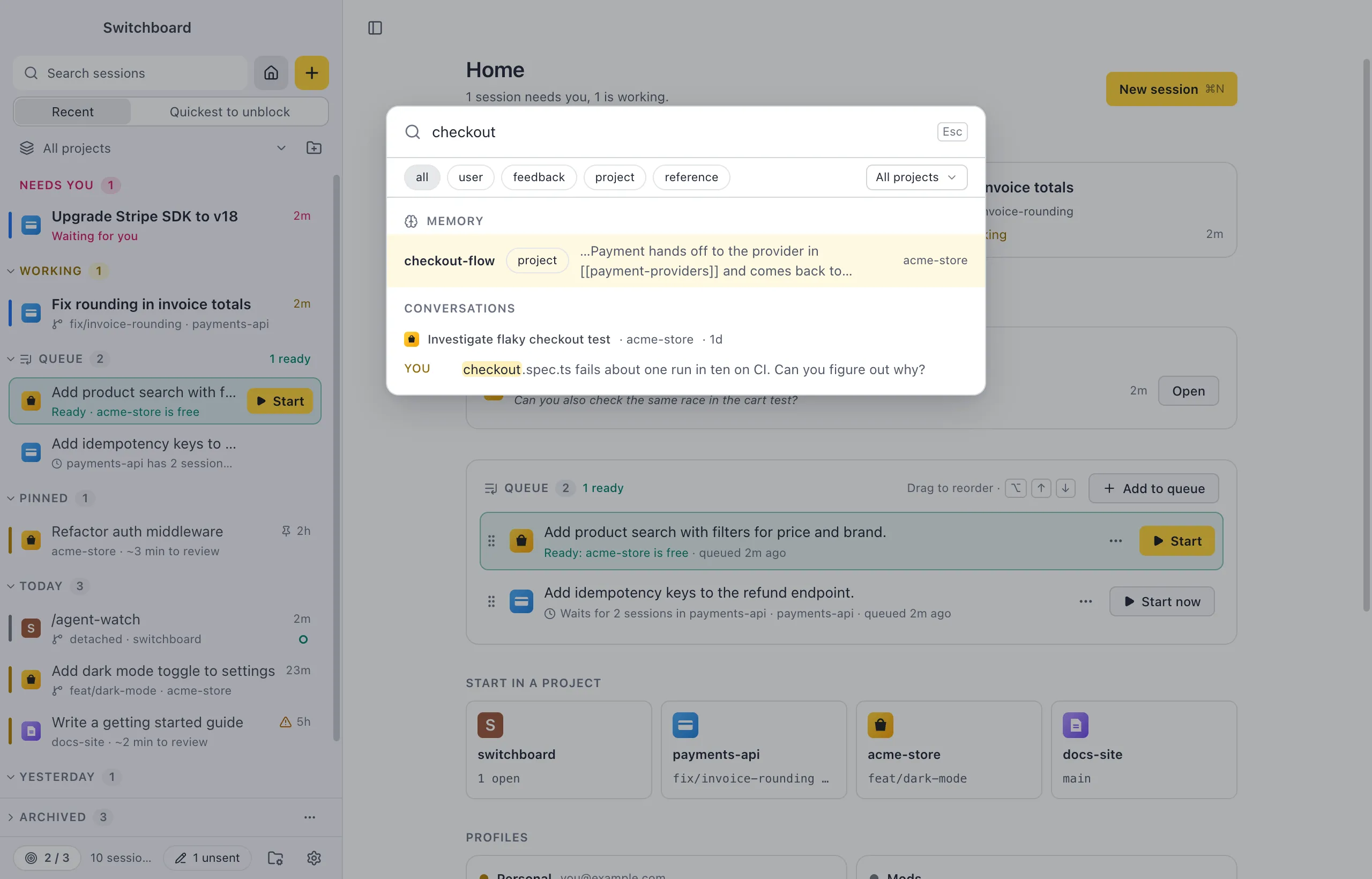 Search with the Memory group of results above the conversations: each memory with its type and project, and chips for all, user, feedback, project and reference