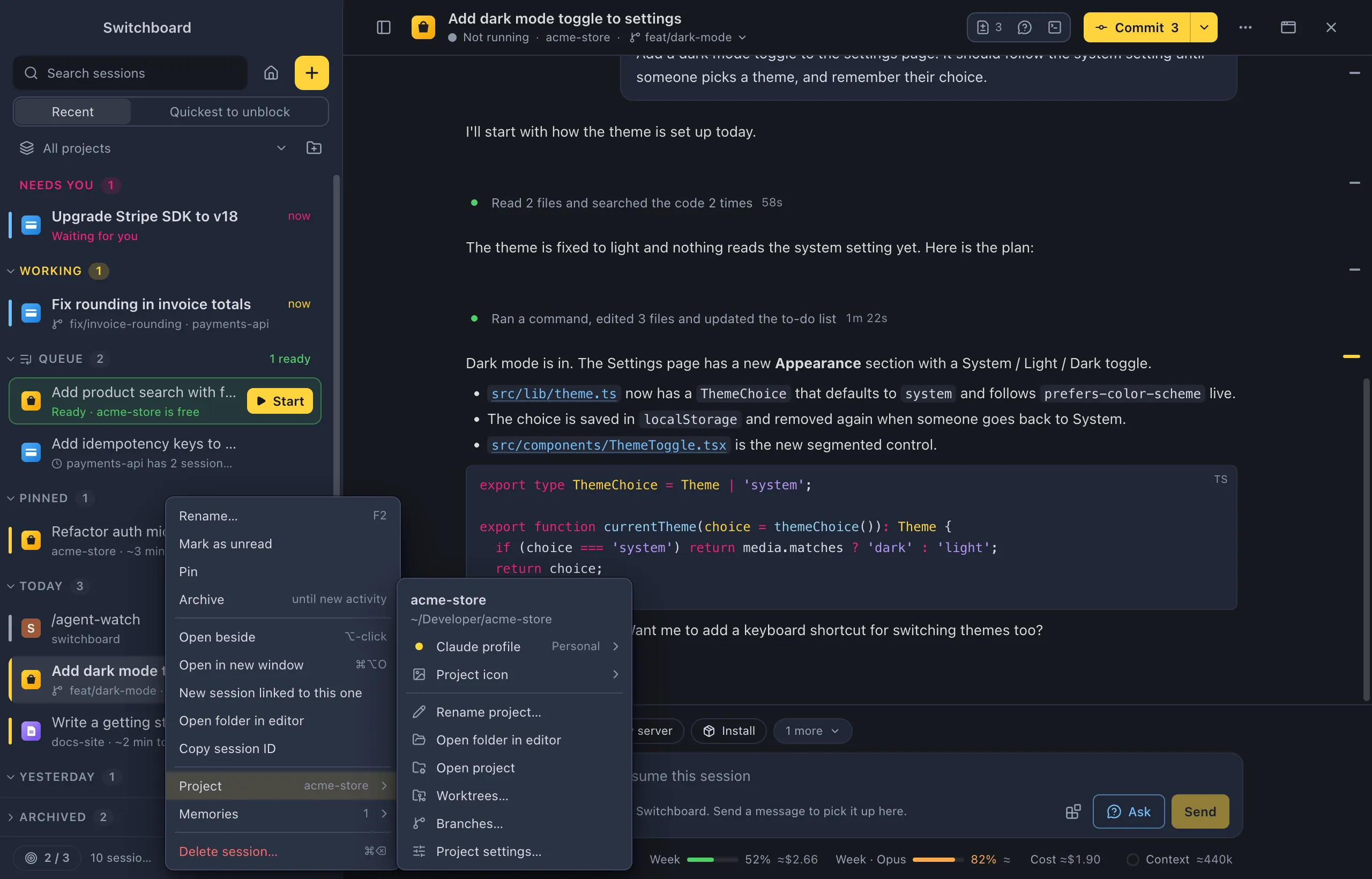 A session's menu in the sidebar with its Project submenu open: the project's name and folder, Claude profile and Project icon, then Rename project…, Open folder in editor, Open project, Worktrees…, Branches… and Project settings…
