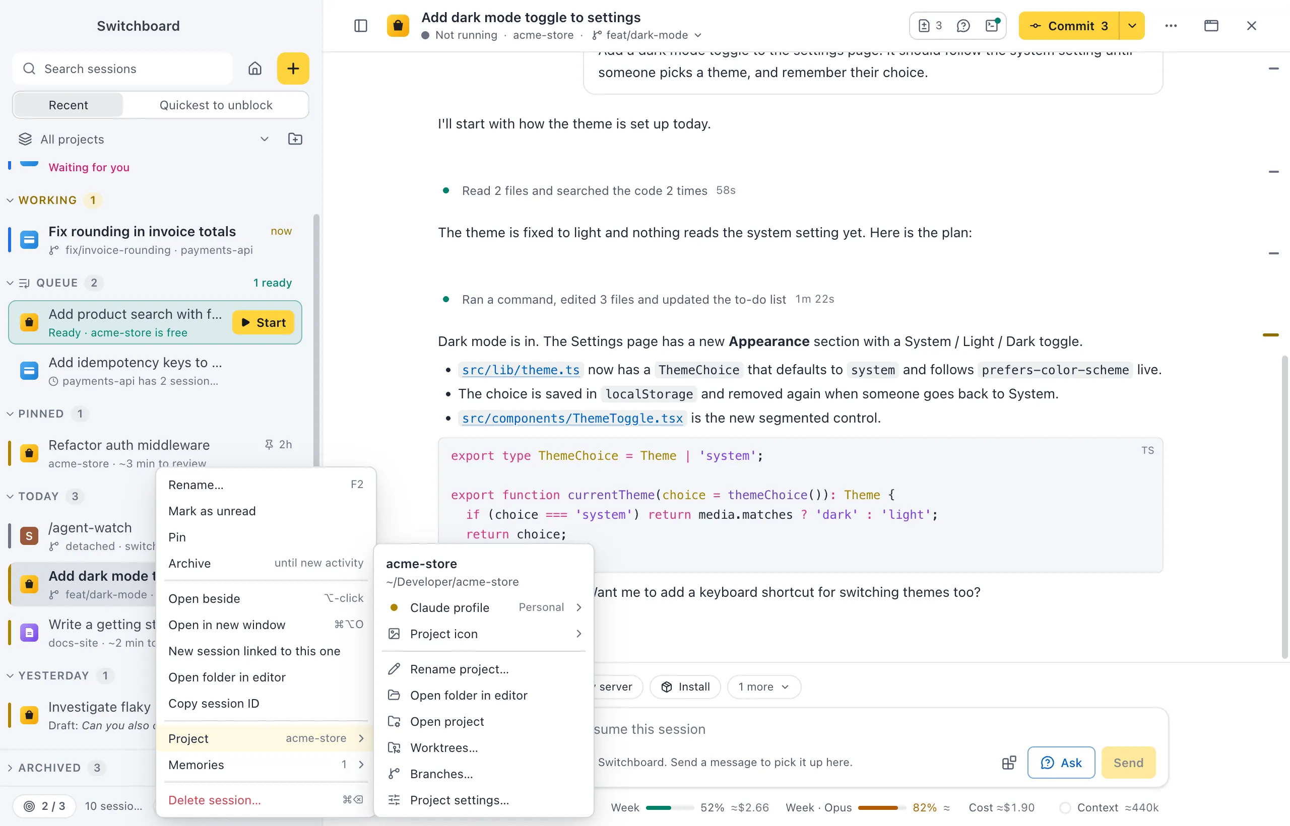 A session's menu in the sidebar with its Project submenu open: the project's name and folder, Claude profile and Project icon, then Rename project…, Open folder in editor, Open project, Worktrees…, Branches… and Project settings…