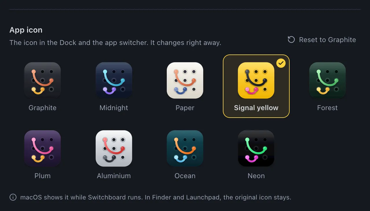 The App icon section: nine icon tiles with Signal yellow chosen, Reset to Graphite, and a note on where the original icon stays