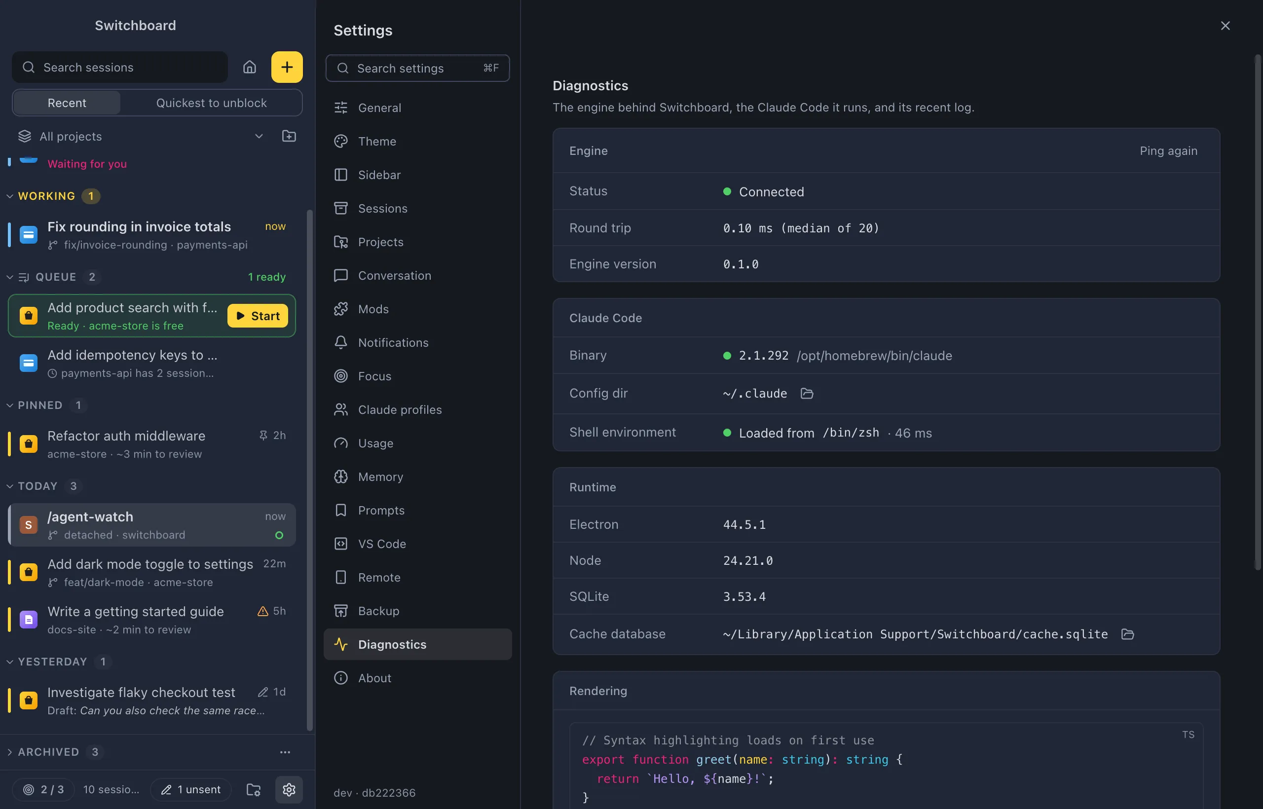 Settings on Diagnostics: the Engine, Claude Code and Runtime cards, a Rendering sample and the Engine log