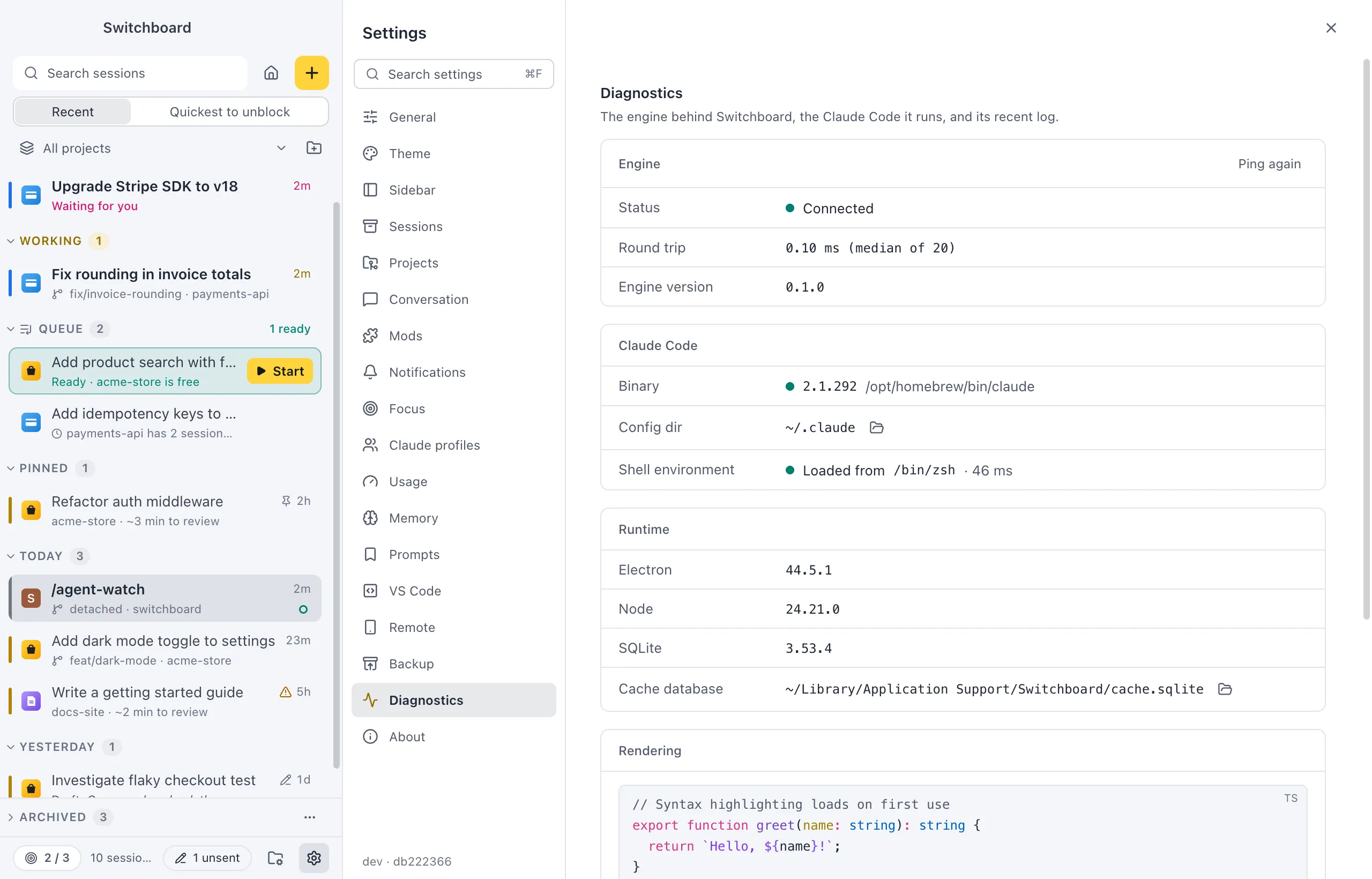 Settings on Diagnostics: the Engine, Claude Code and Runtime cards, a Rendering sample and the Engine log