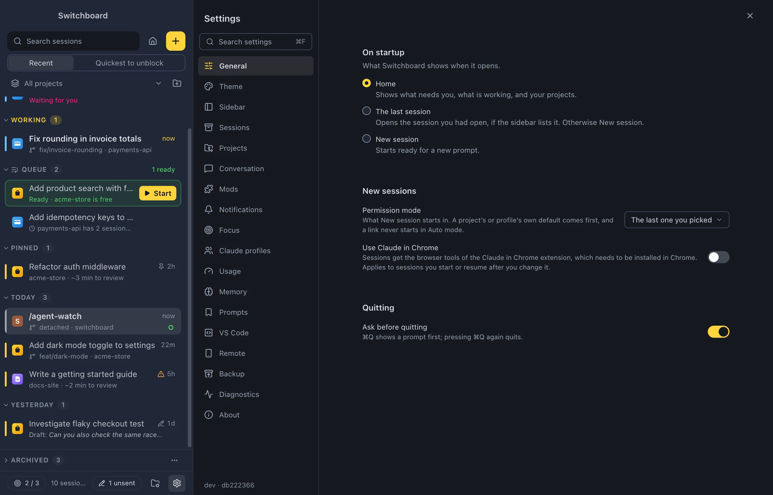 Settings on General: On startup with Home, The last session and New session, the permission mode for new sessions, and the Ask before quitting switch
