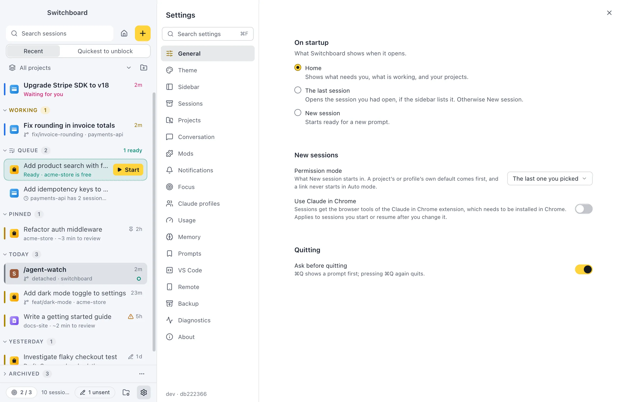 Settings on General: On startup with Home, The last session and New session, the permission mode for new sessions, and the Ask before quitting switch