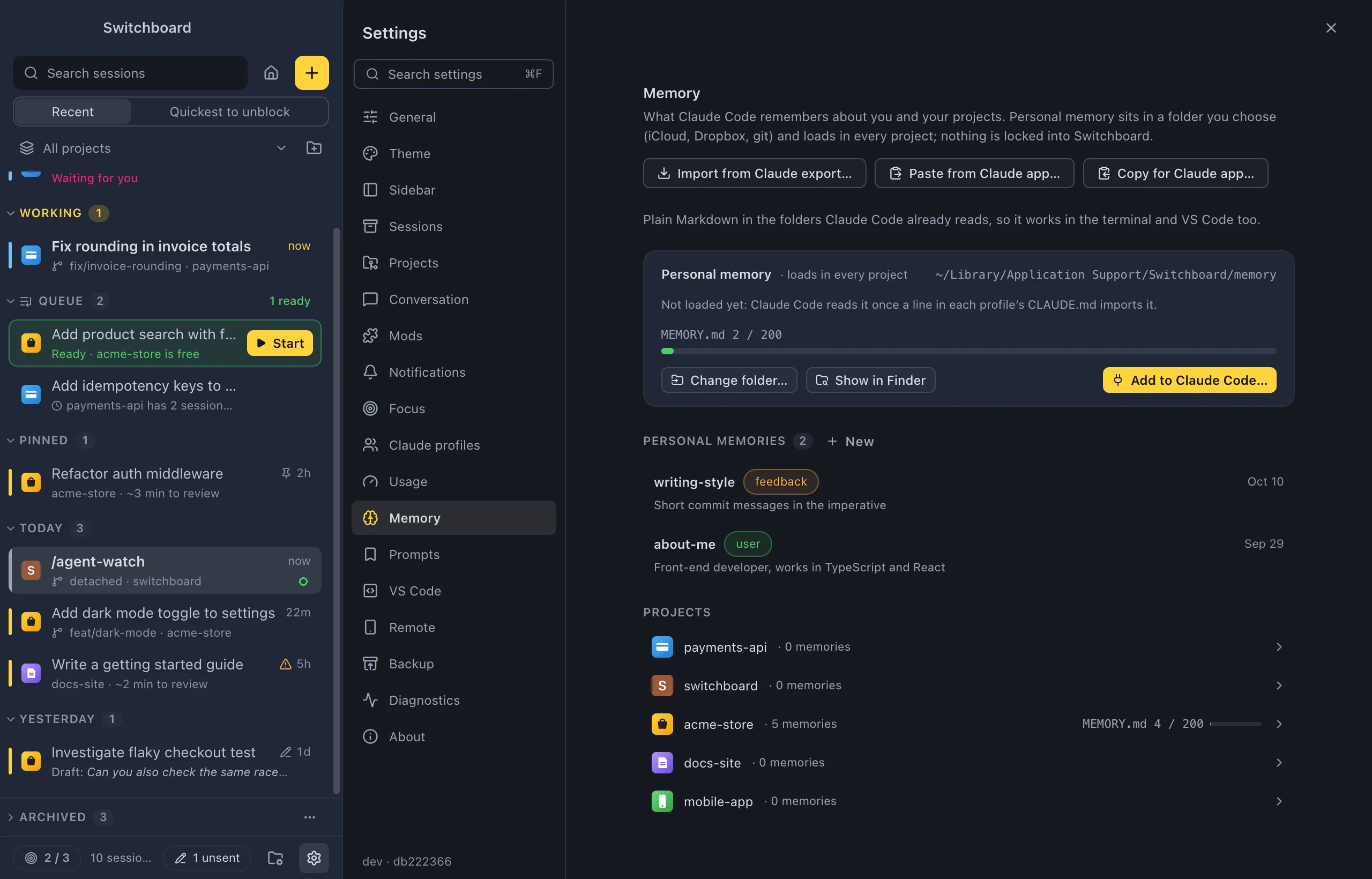 Settings on Memory: the Import from Claude export, Paste from Claude app and Copy for Claude app buttons, the Personal memory card with its folder, MEMORY.md meter and Remove from Claude Code, the Personal memories list, and every project with its memory count