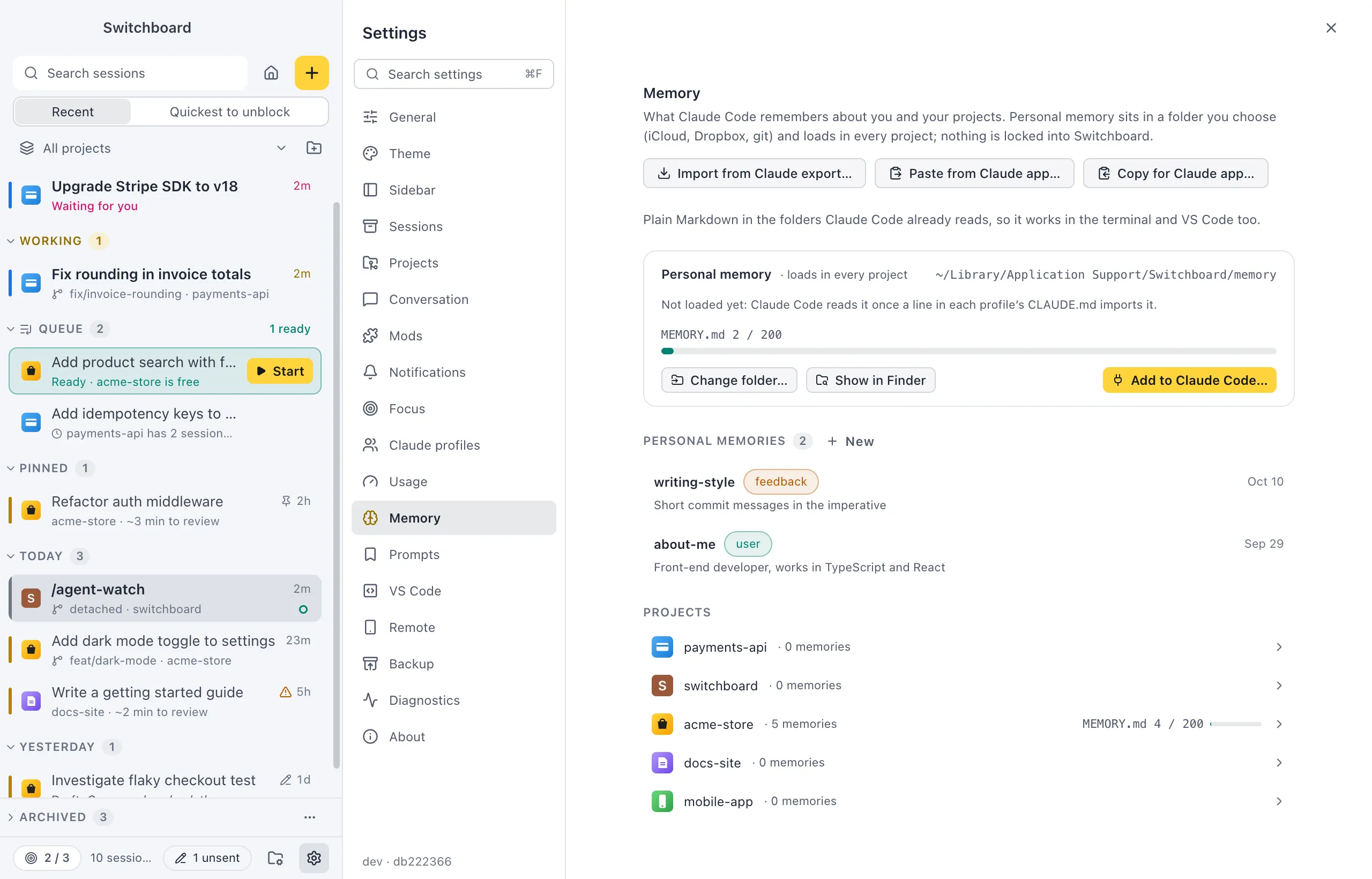 Settings on Memory: the Import from Claude export, Paste from Claude app and Copy for Claude app buttons, the Personal memory card with its folder, MEMORY.md meter and Remove from Claude Code, the Personal memories list, and every project with its memory count