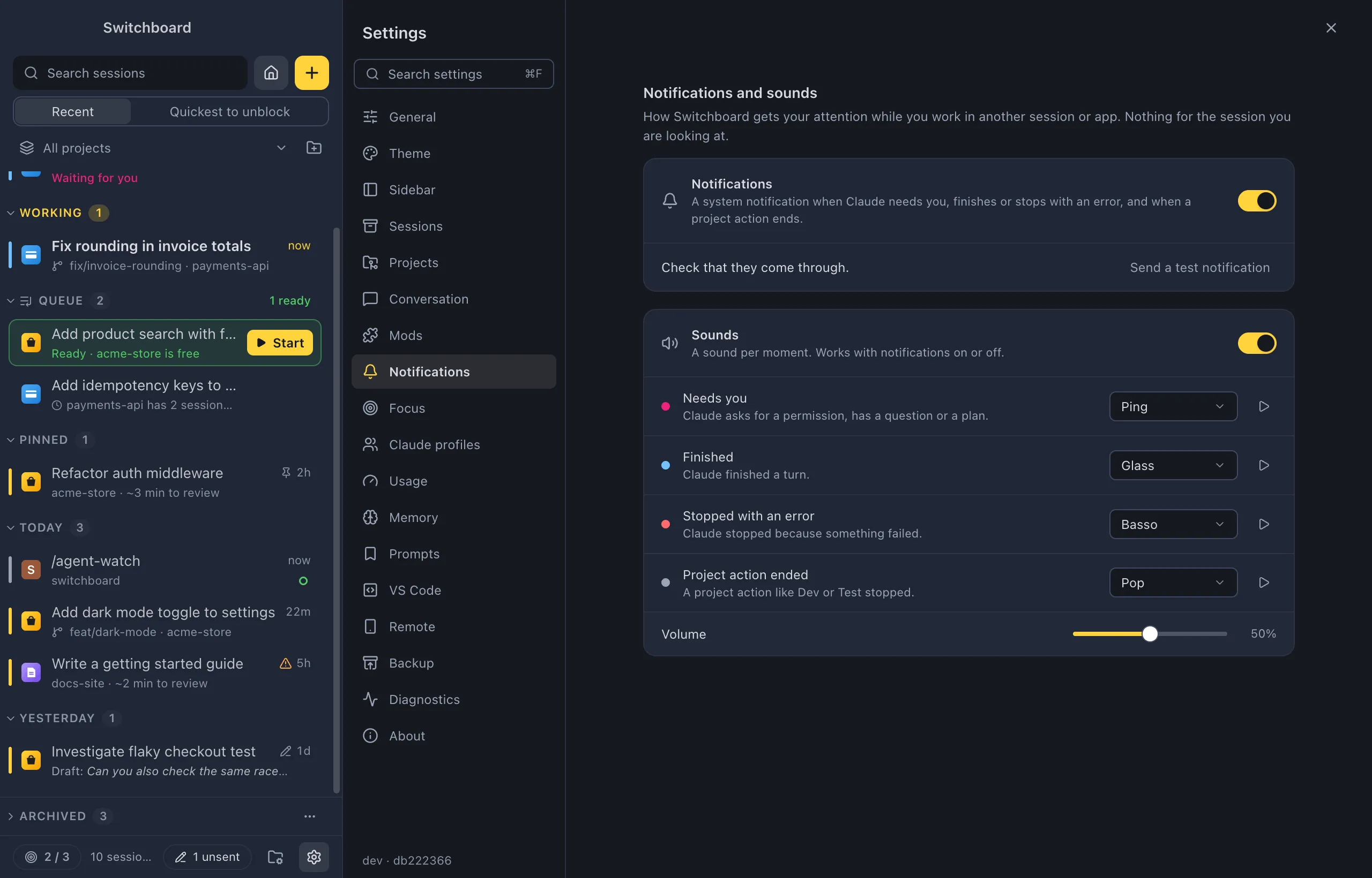 Settings on Notifications and sounds: the Notifications card with its switch and Send a test notification, and the Sounds card with a row for Needs you, Finished, Stopped with an error and Project action ended, each with a sound and a play button, and Volume at the bottom