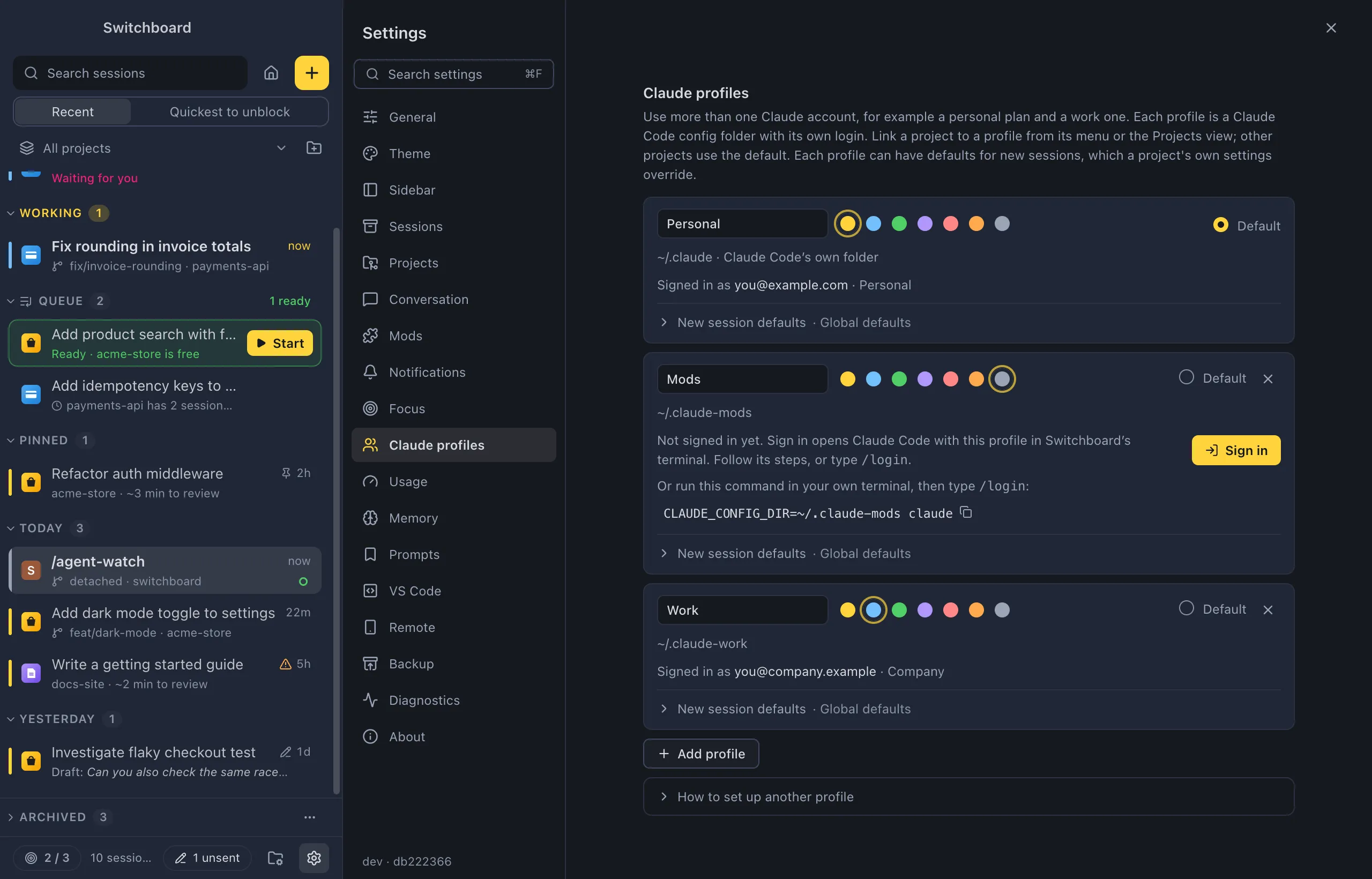 Settings on Claude profiles: a Personal profile in yellow and a Work profile in blue, each with its config folder, the account it is signed in with and the Default choice, then Add profile and How to set up another profile