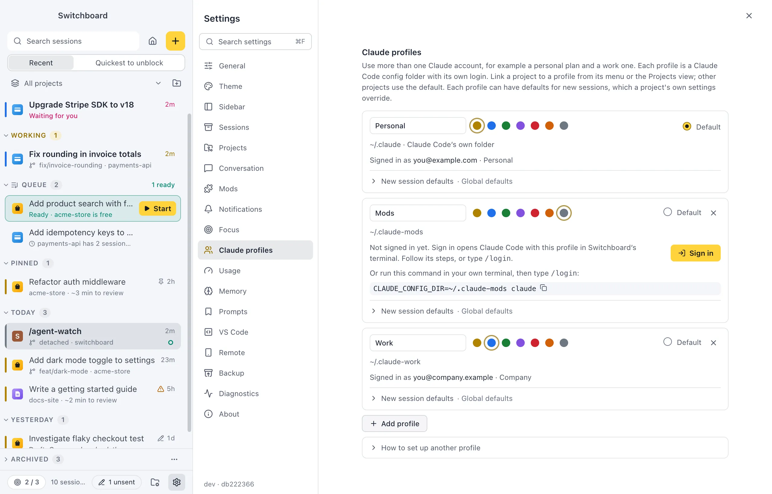 Settings on Claude profiles: a Personal profile in yellow and a Work profile in blue, each with its config folder, the account it is signed in with and the Default choice, then Add profile and How to set up another profile