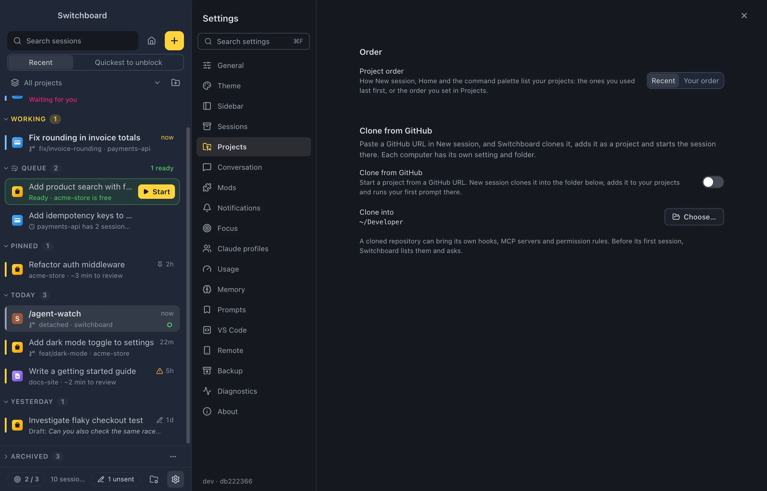 Settings on Projects: Project order with Recent and Your order, and Clone from GitHub off, with Clone into and its Choose… button