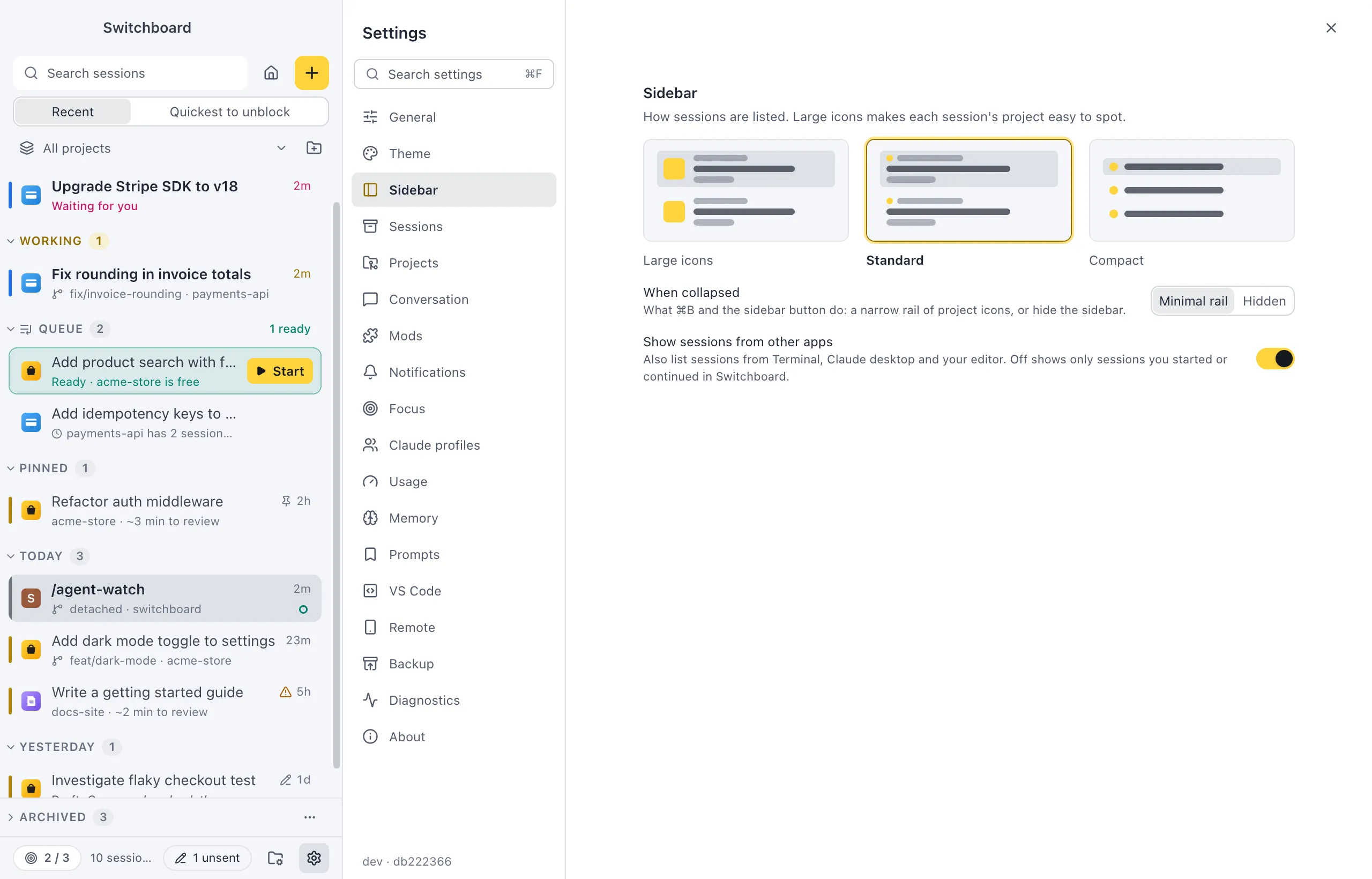 Settings open on Sidebar: the three sidebar styles, the When collapsed choice, and the Show sessions from other apps switch