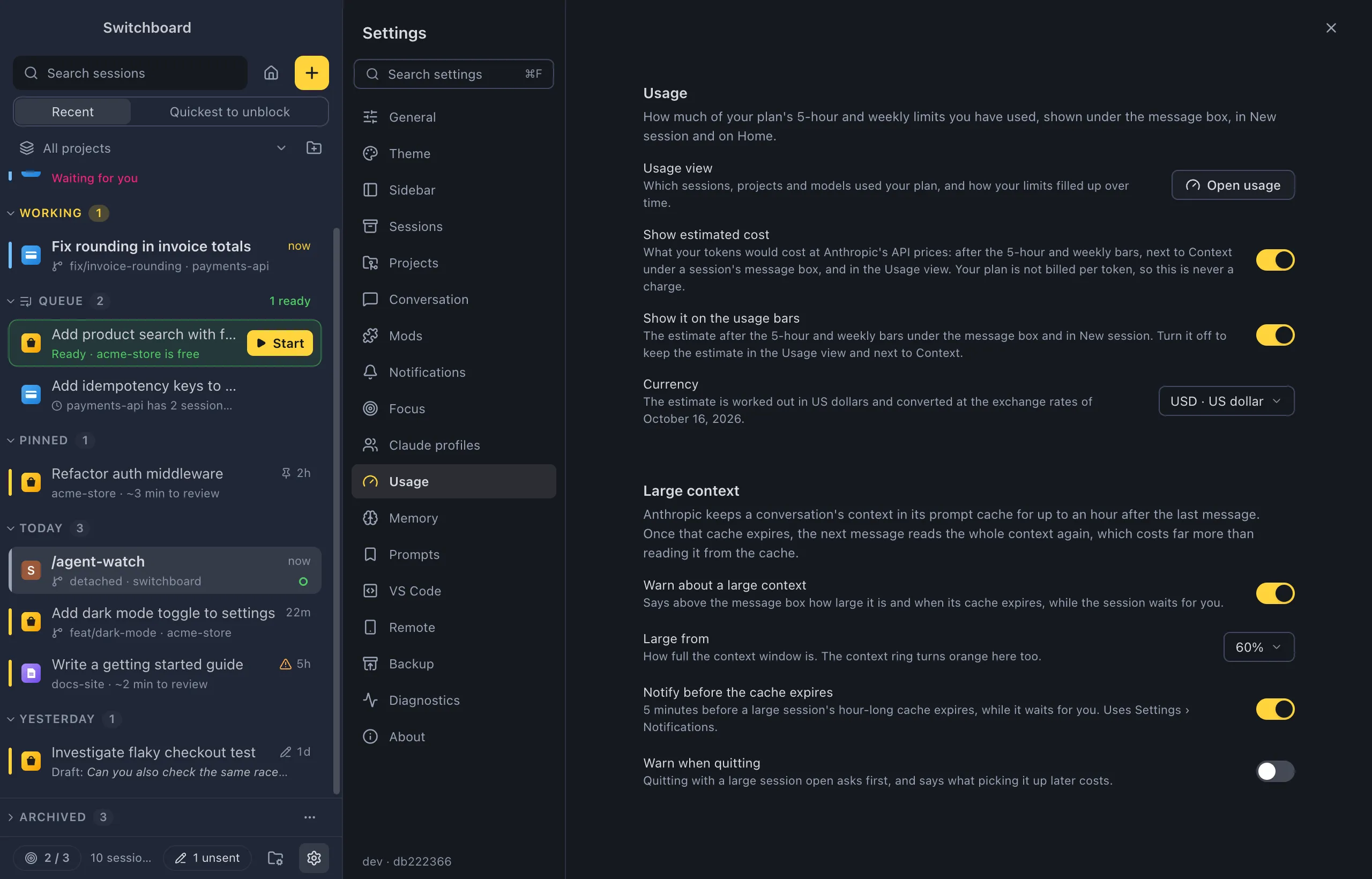 Settings on Usage: Open usage, the Show estimated cost and Show it on the usage bars switches, Currency set to US dollar, and under Large context the Warn about a large context switch, Large from at 60%, Notify before the cache expires and Warn when quitting
